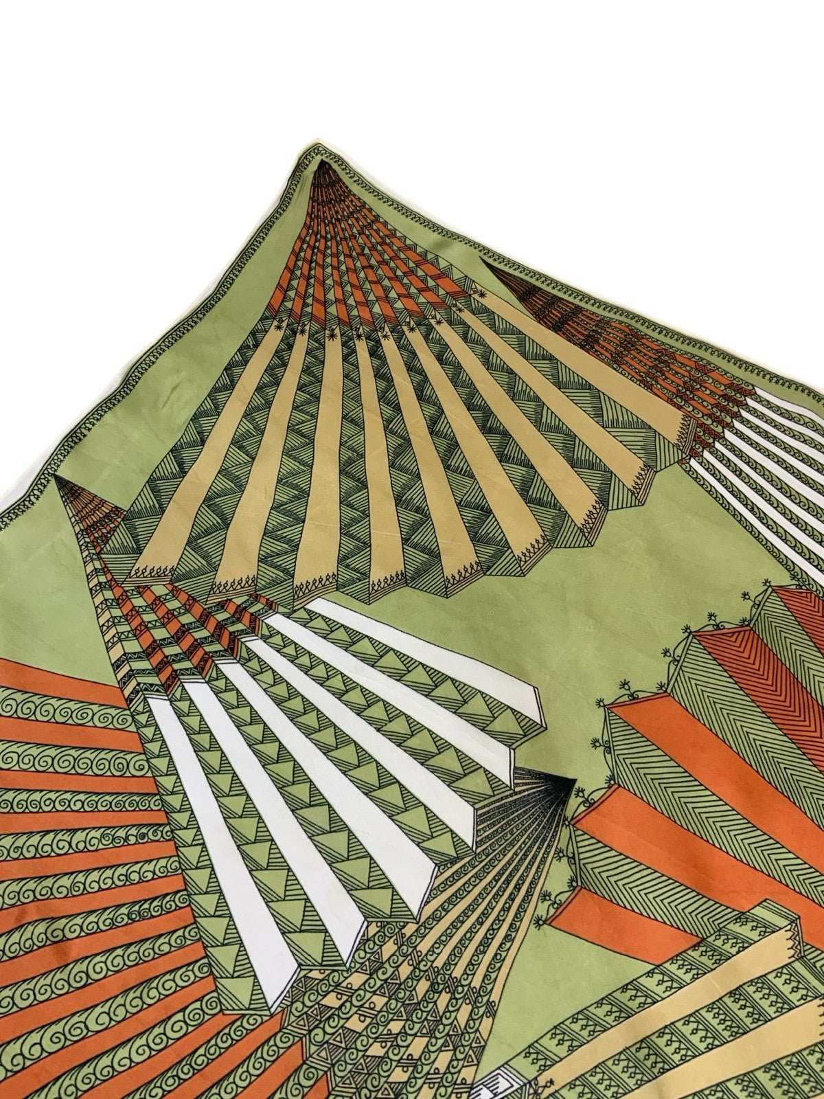 VTG 60S 70S GREEN ORANGE BLACK CREAM GEOMETRIC FAN SCARF