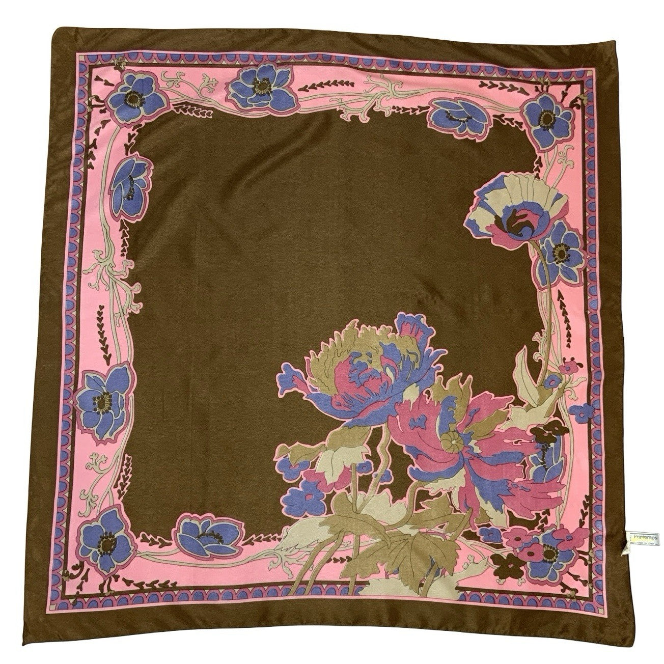 VTG 60S 70S BROWN PINK BLUE ART NOUVEAU FLORAL SCARF