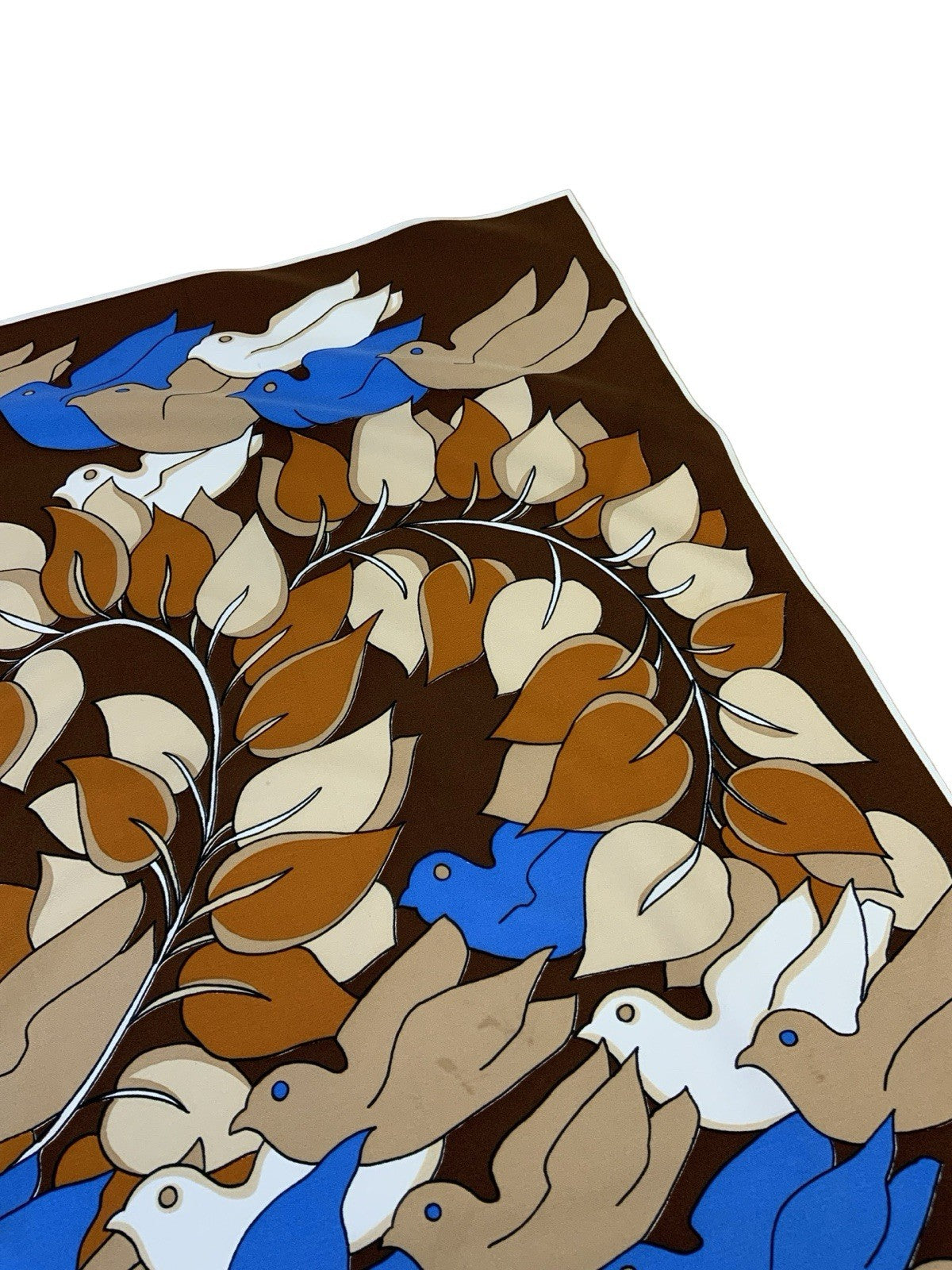 VTG 60S 70S BEIGE BROWN BLUE LEAFY VINE BIRD DOVE SCARF