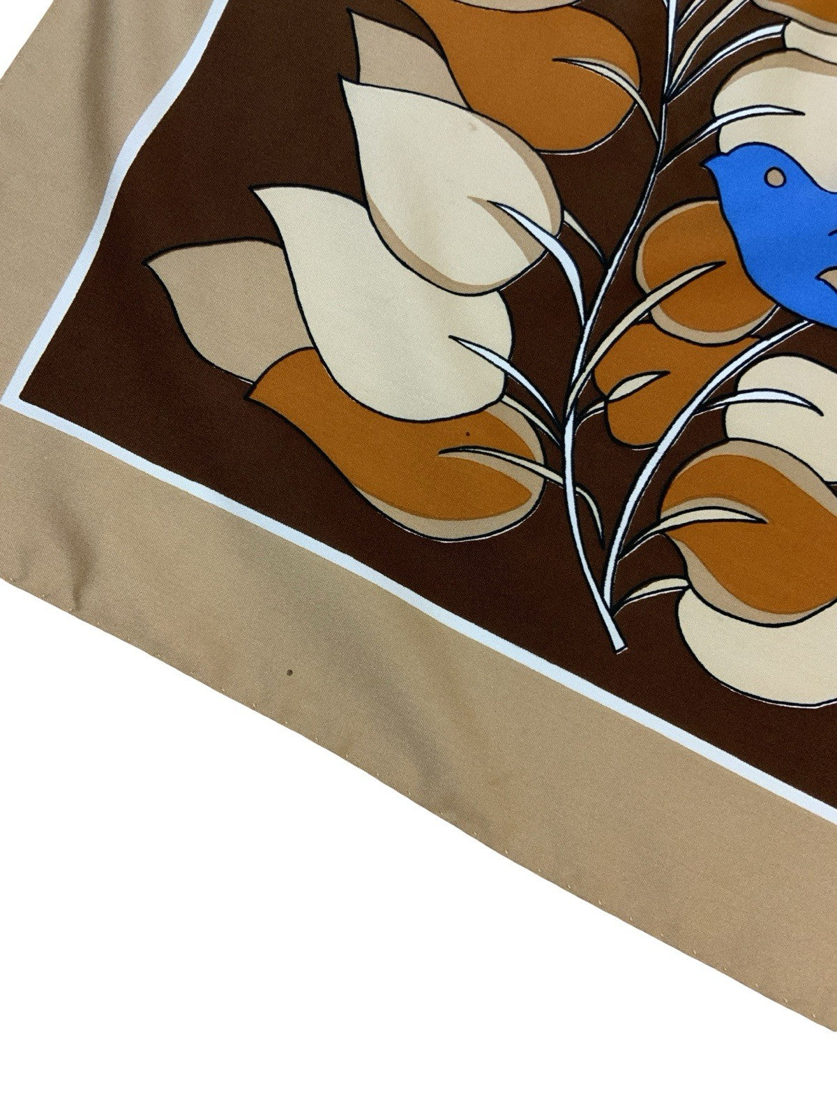 VTG 60S 70S BEIGE BROWN BLUE LEAFY VINE BIRD DOVE SCARF