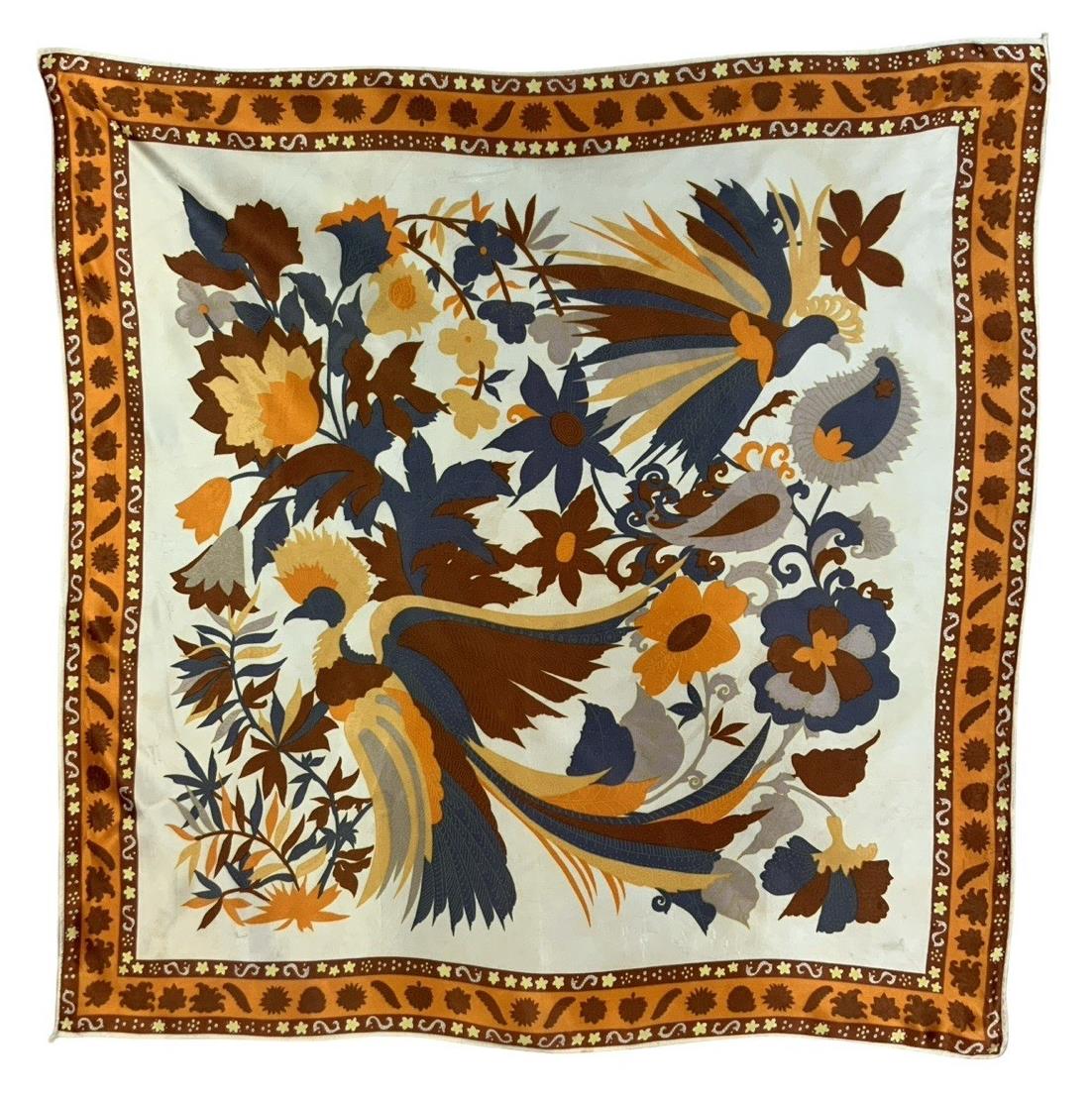 VTG 60S 70S BROWN ORANGE BLUE CREAM YELLOW PSYCHEDELIC FLORAL BIRD PAISLEY SCARF