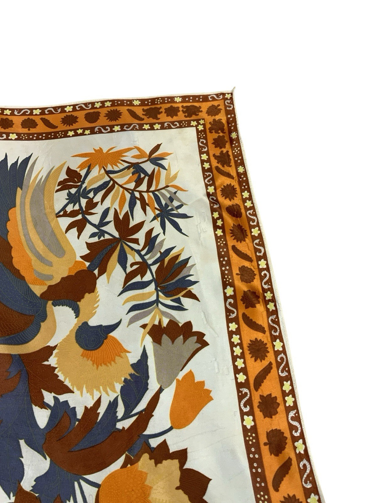 VTG 60S 70S BROWN ORANGE BLUE CREAM YELLOW PSYCHEDELIC FLORAL BIRD PAISLEY SCARF