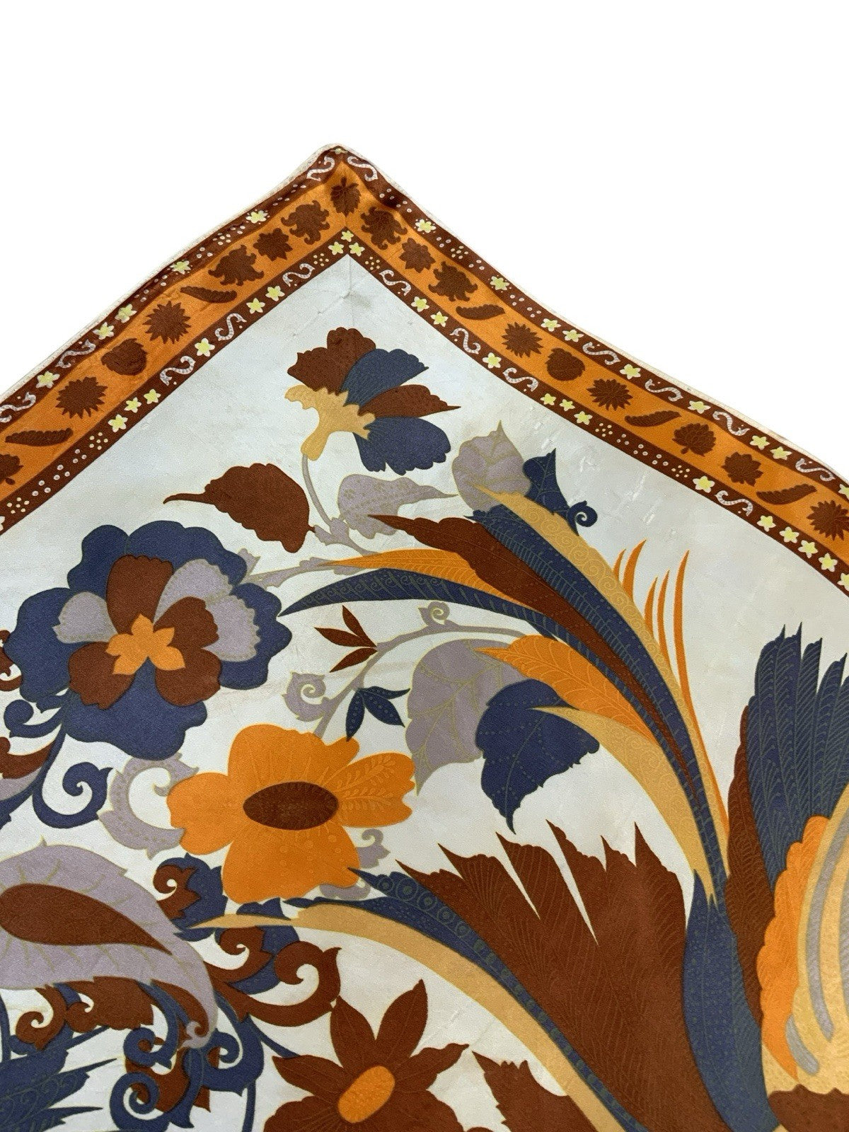 VTG 60S 70S BROWN ORANGE BLUE CREAM YELLOW PSYCHEDELIC FLORAL BIRD PAISLEY SCARF