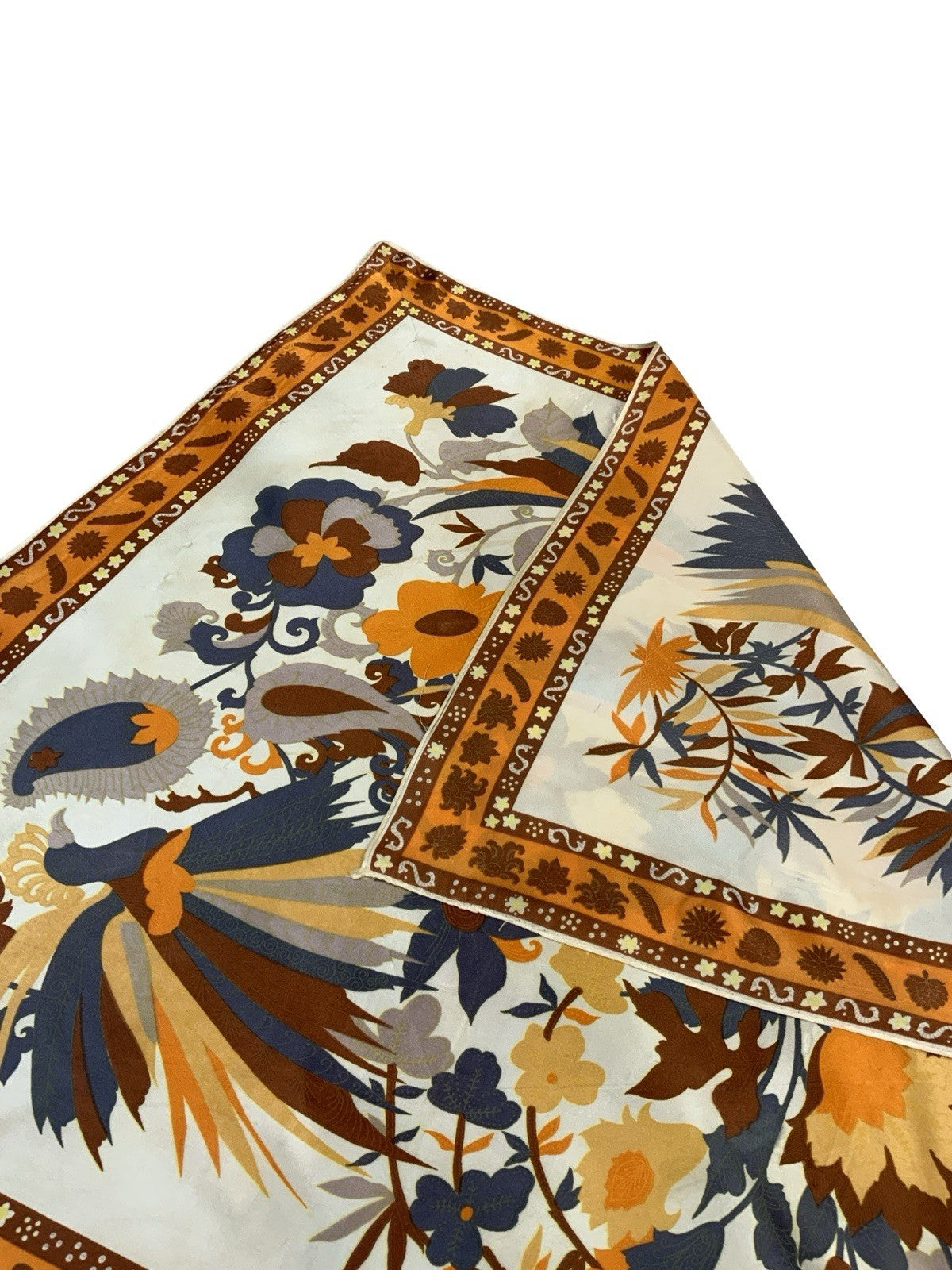 VTG 60S 70S BROWN ORANGE BLUE CREAM YELLOW PSYCHEDELIC FLORAL BIRD PAISLEY SCARF