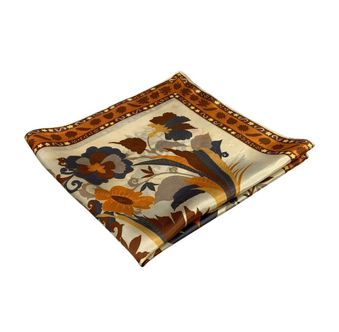 VTG 60S 70S BROWN ORANGE BLUE CREAM YELLOW PSYCHEDELIC FLORAL BIRD PAISLEY SCARF