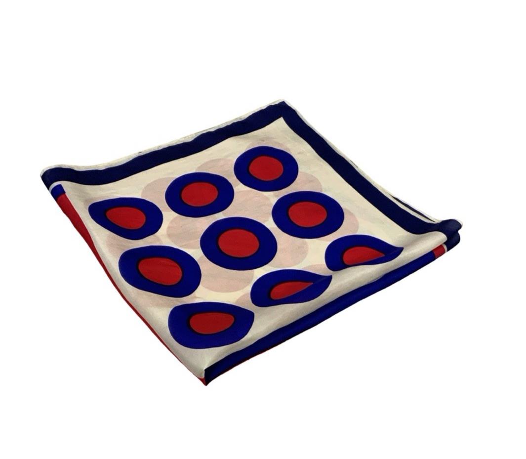 VTG 60S MOD RED CREAM BLUE GEOMETRIC DOT CIRCLE SQUARE BAUHAUS SCARF