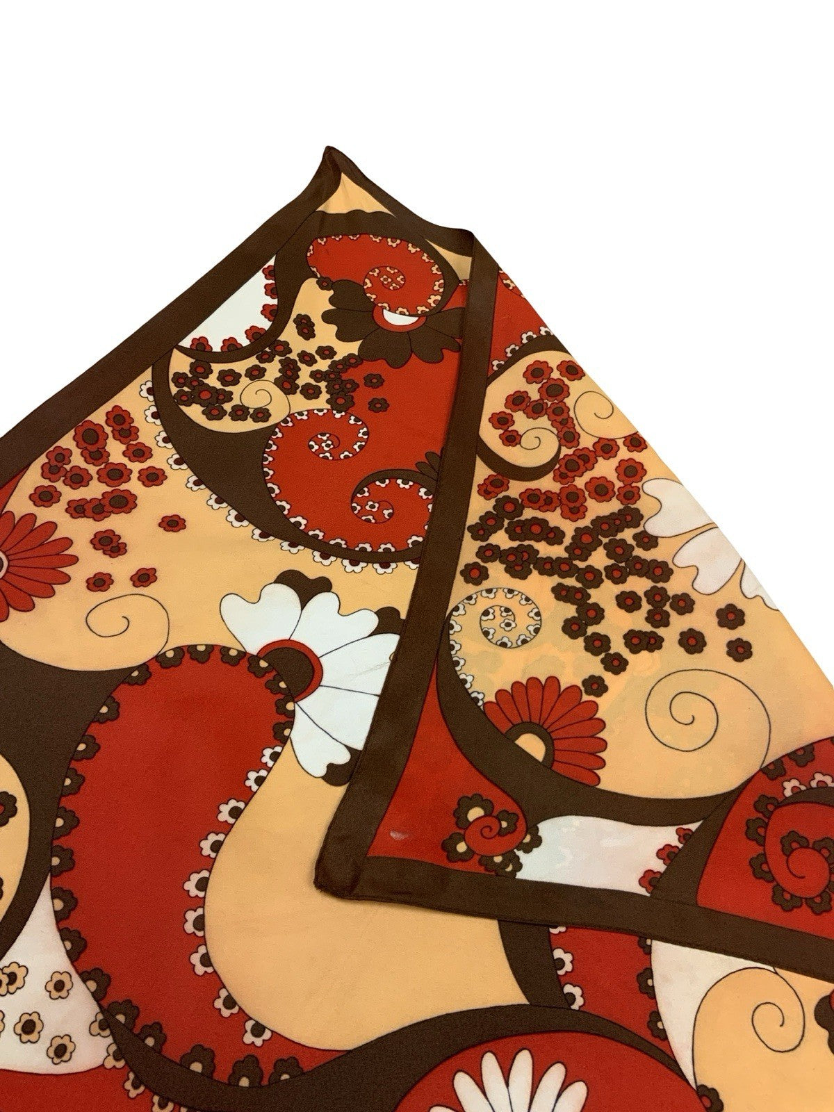 VTG 60S 70S RED PEACH BROWN WHITE SPIRAL FLORAL DAISY PSYCHEDELIC PAISLEY SCARF