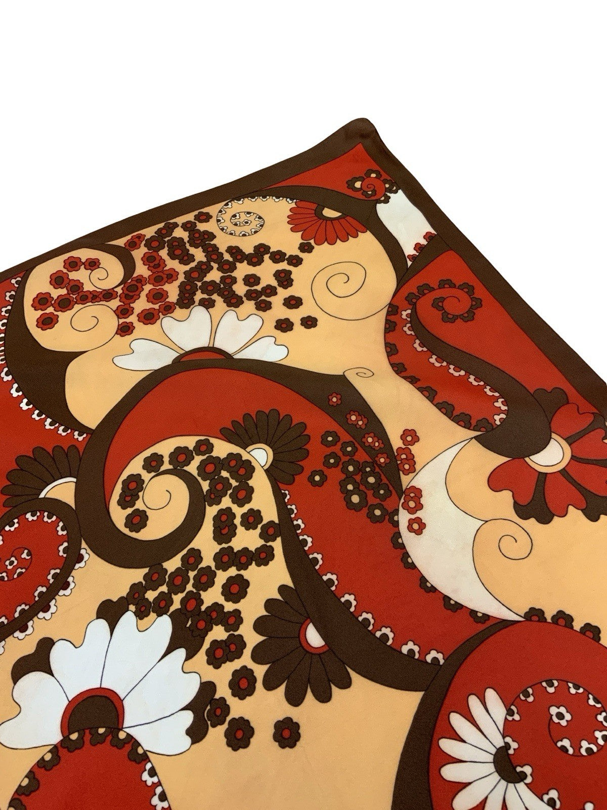 VTG 60S 70S RED PEACH BROWN WHITE SPIRAL FLORAL DAISY PSYCHEDELIC PAISLEY SCARF