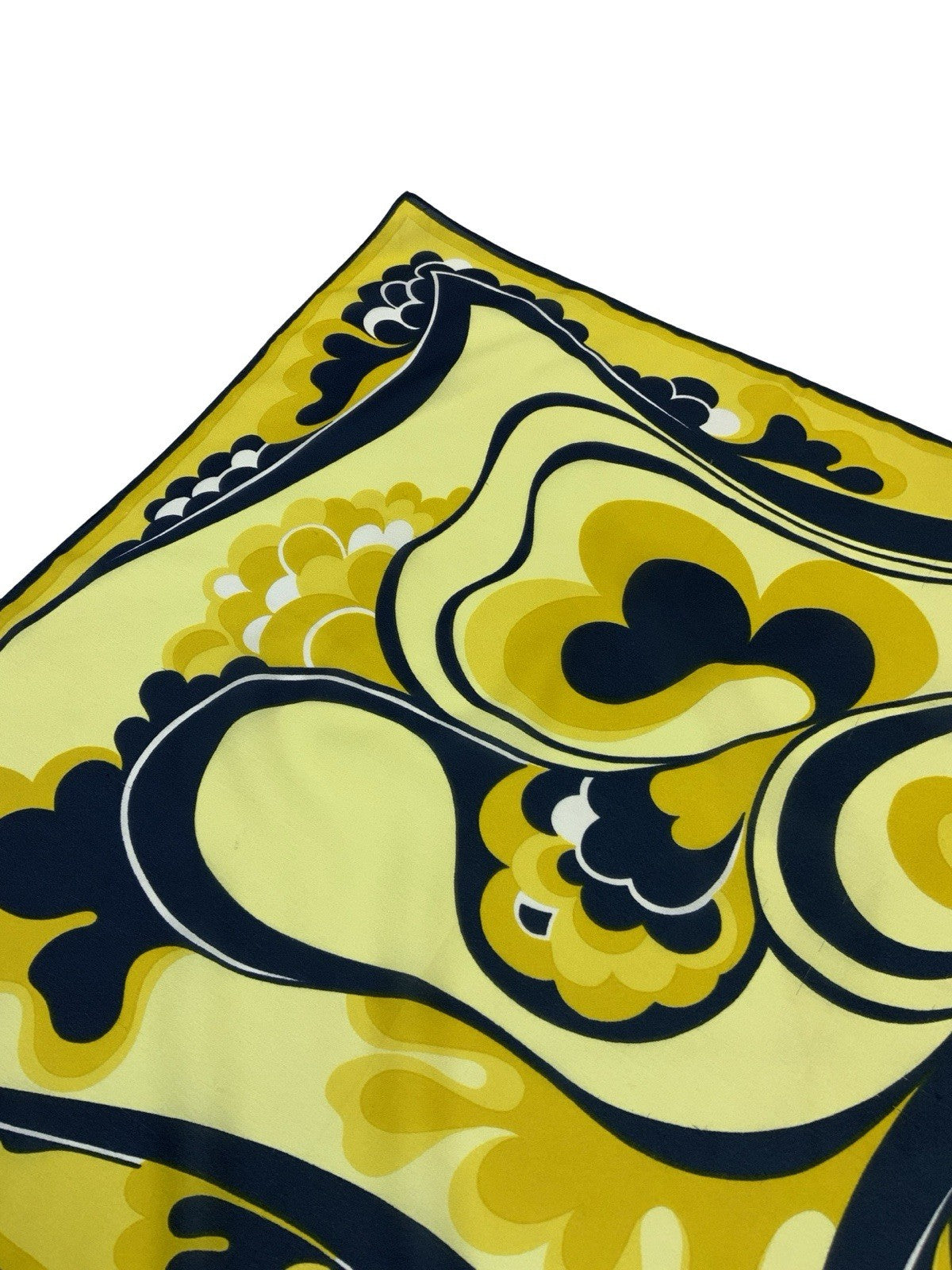 VTG 60S 70S YELLOW NAVY BLUE WHITE PSYCHEDELIC ART NOUVEAU SWIRL SCARF