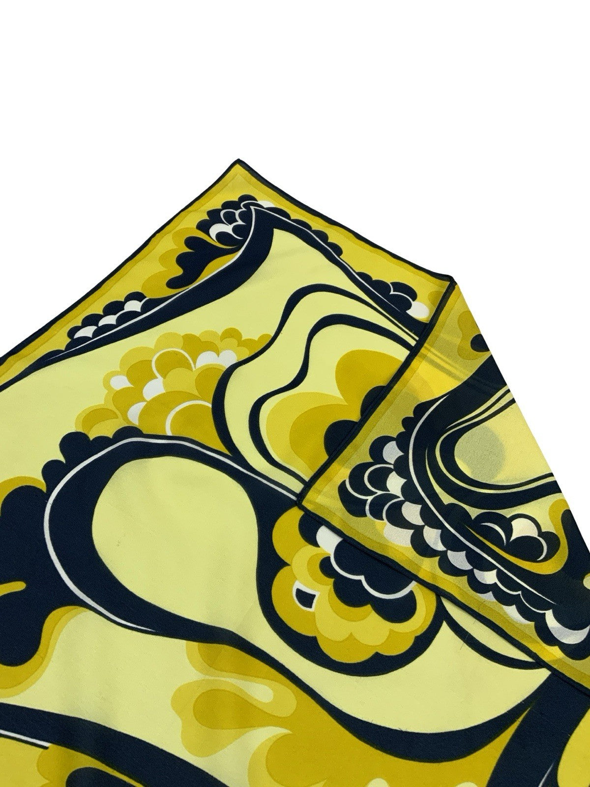 VTG 60S 70S YELLOW NAVY BLUE WHITE PSYCHEDELIC ART NOUVEAU SWIRL SCARF