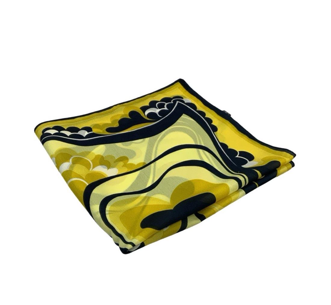 VTG 60S 70S YELLOW NAVY BLUE WHITE PSYCHEDELIC ART NOUVEAU SWIRL SCARF