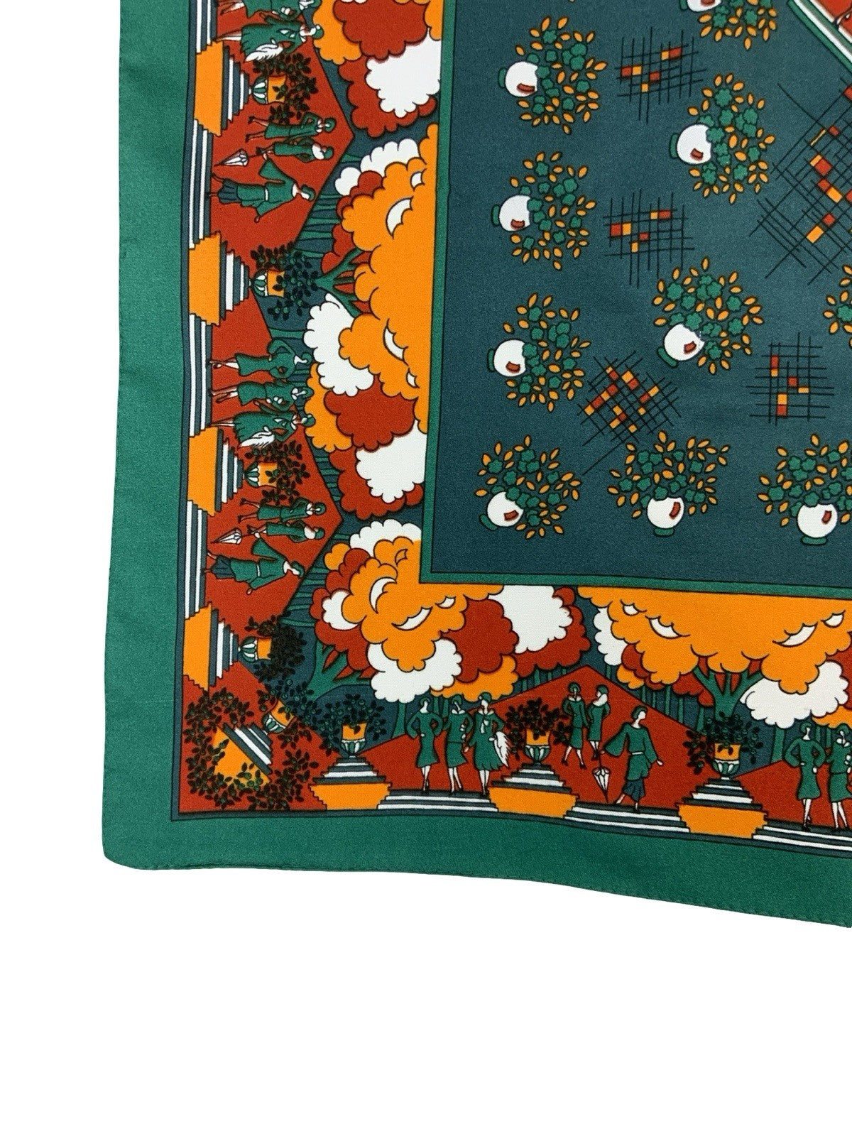 VTG 60S 70S GREEN ORANGE BROWN GEOMETRIC ART DECO WOMEN FLORAL TREE SCARF