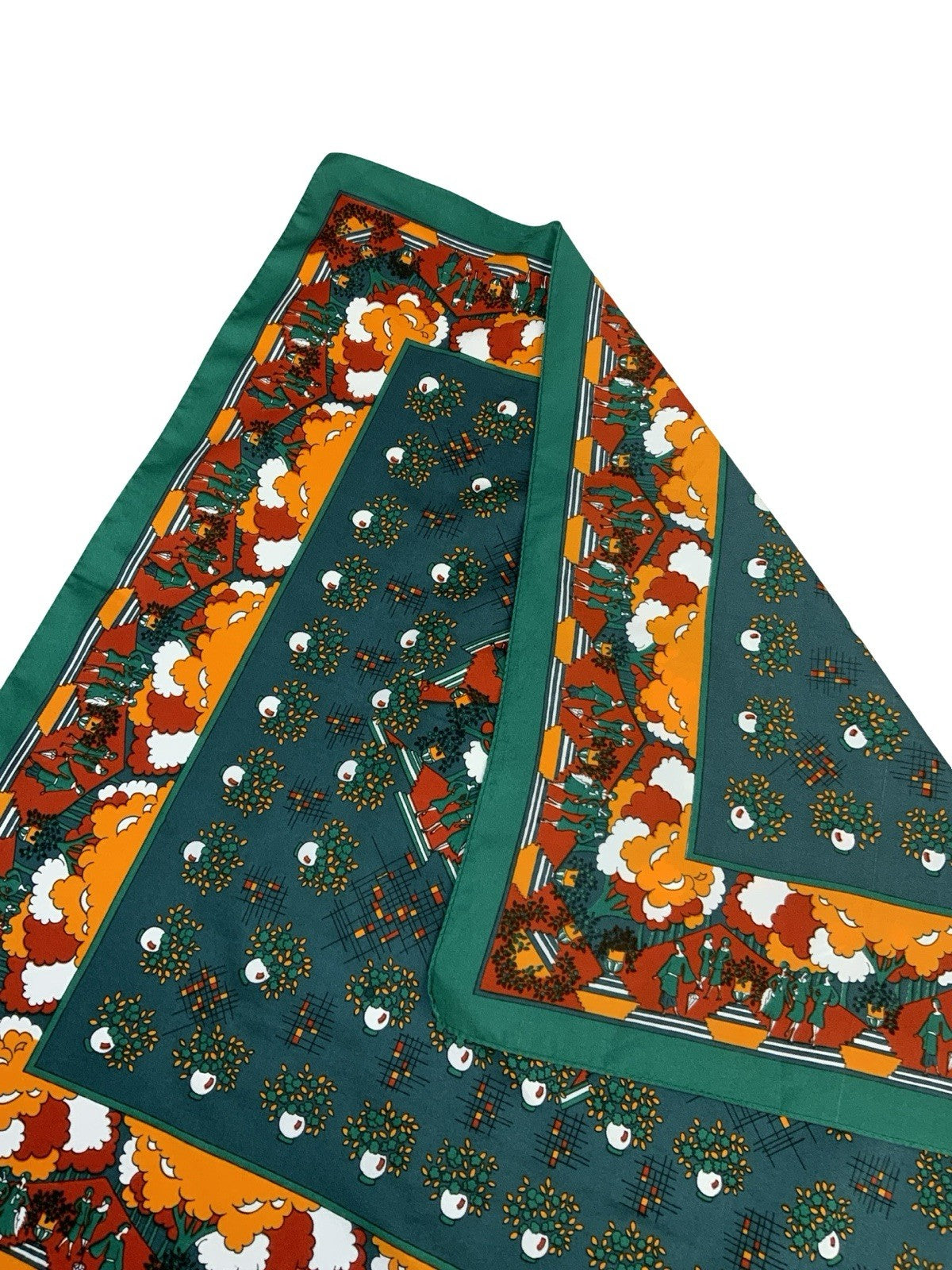 VTG 60S 70S GREEN ORANGE BROWN GEOMETRIC ART DECO WOMEN FLORAL TREE SCARF