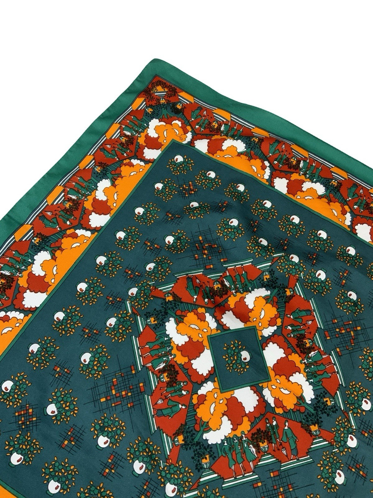 VTG 60S 70S GREEN ORANGE BROWN GEOMETRIC ART DECO WOMEN FLORAL TREE SCARF