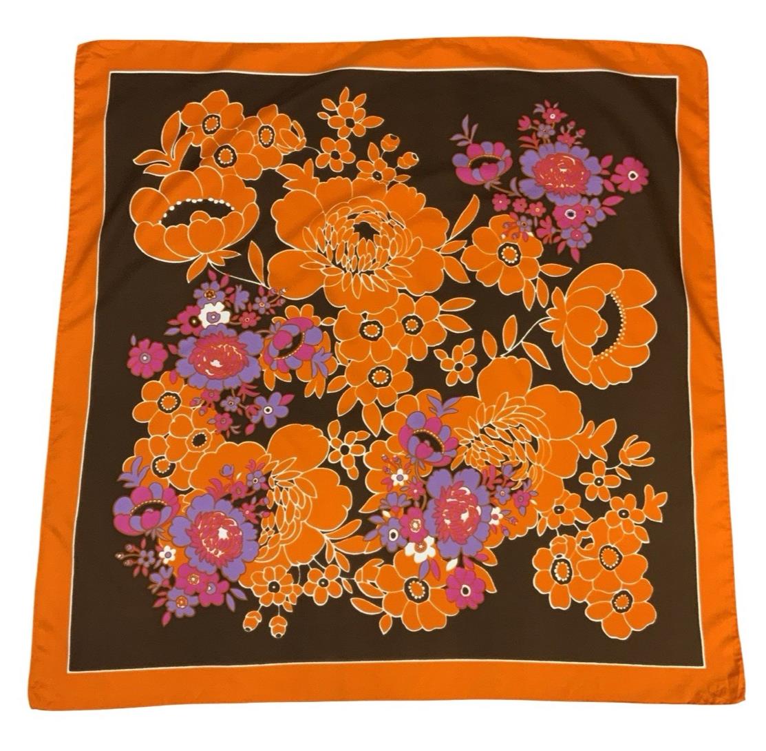 VTG 60S 70S ORANGE BROWN PINK WHITE BOHO PSYCHEDELIC FLORAL SCARF