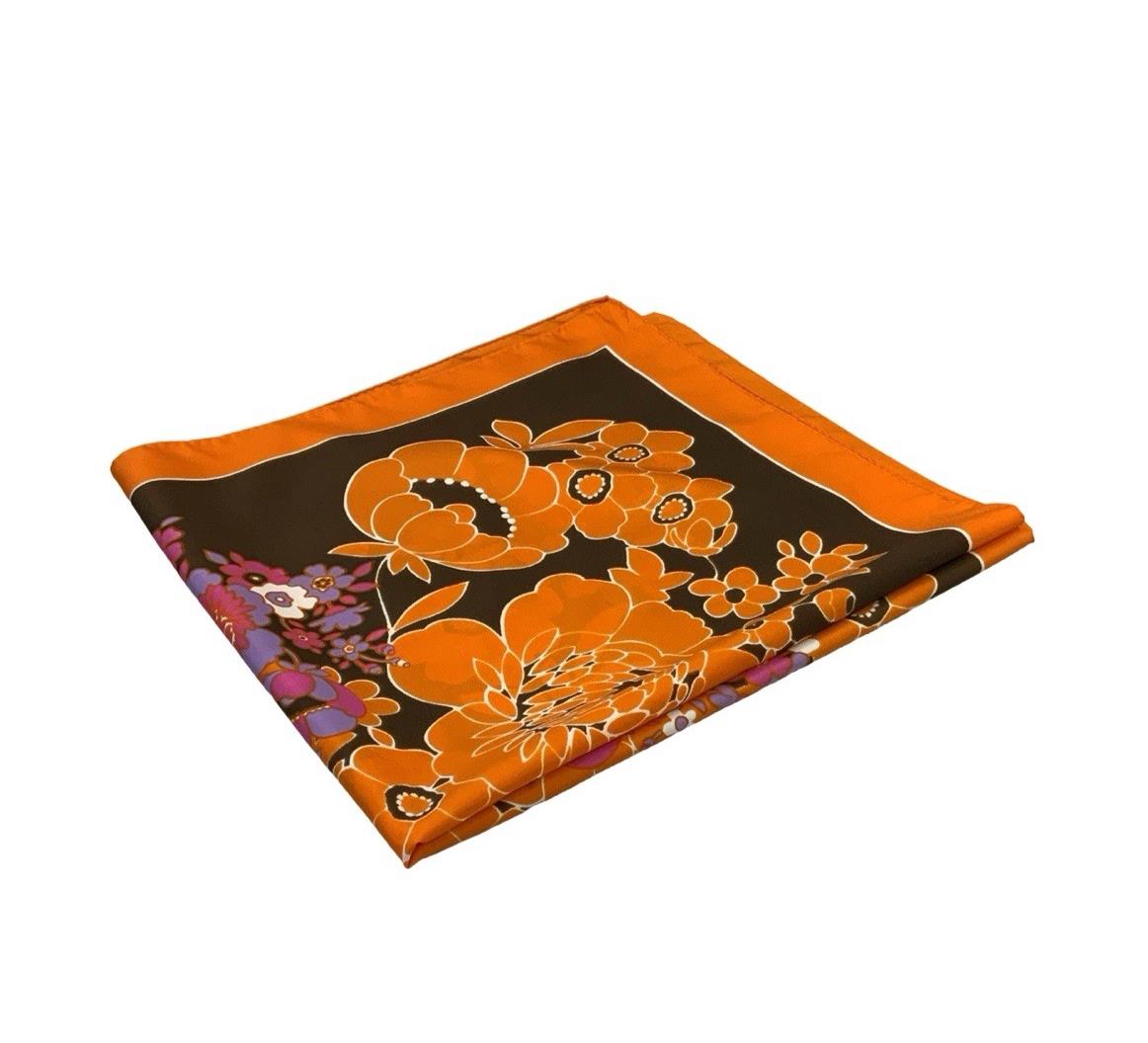 VTG 60S 70S ORANGE BROWN PINK WHITE BOHO PSYCHEDELIC FLORAL SCARF