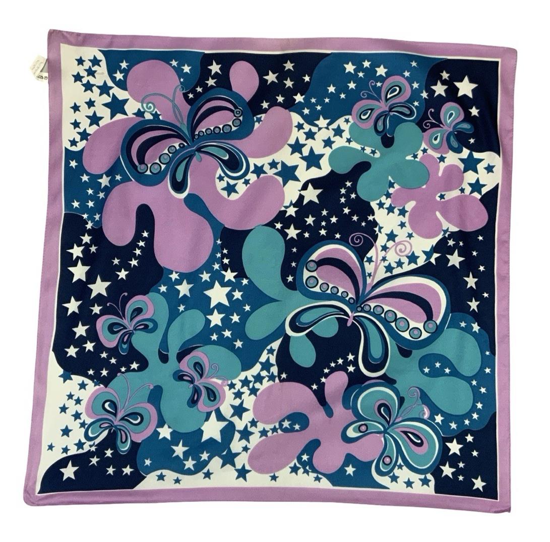 VTG 60S 70S LILAC PURPLE BLUE NAVY WHITE PSYCHEDELIC BUTTERFLY STAR SWIRL SCARF