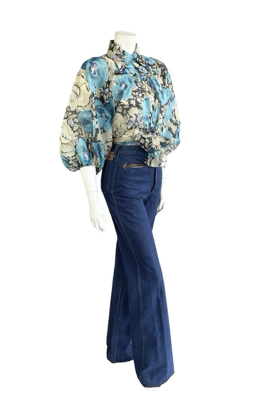 VTG 70S BLUE BEIGE FLORAL DAGGER COLLAR PUFF BATWING TIE WAIST CROP SHIRT 10