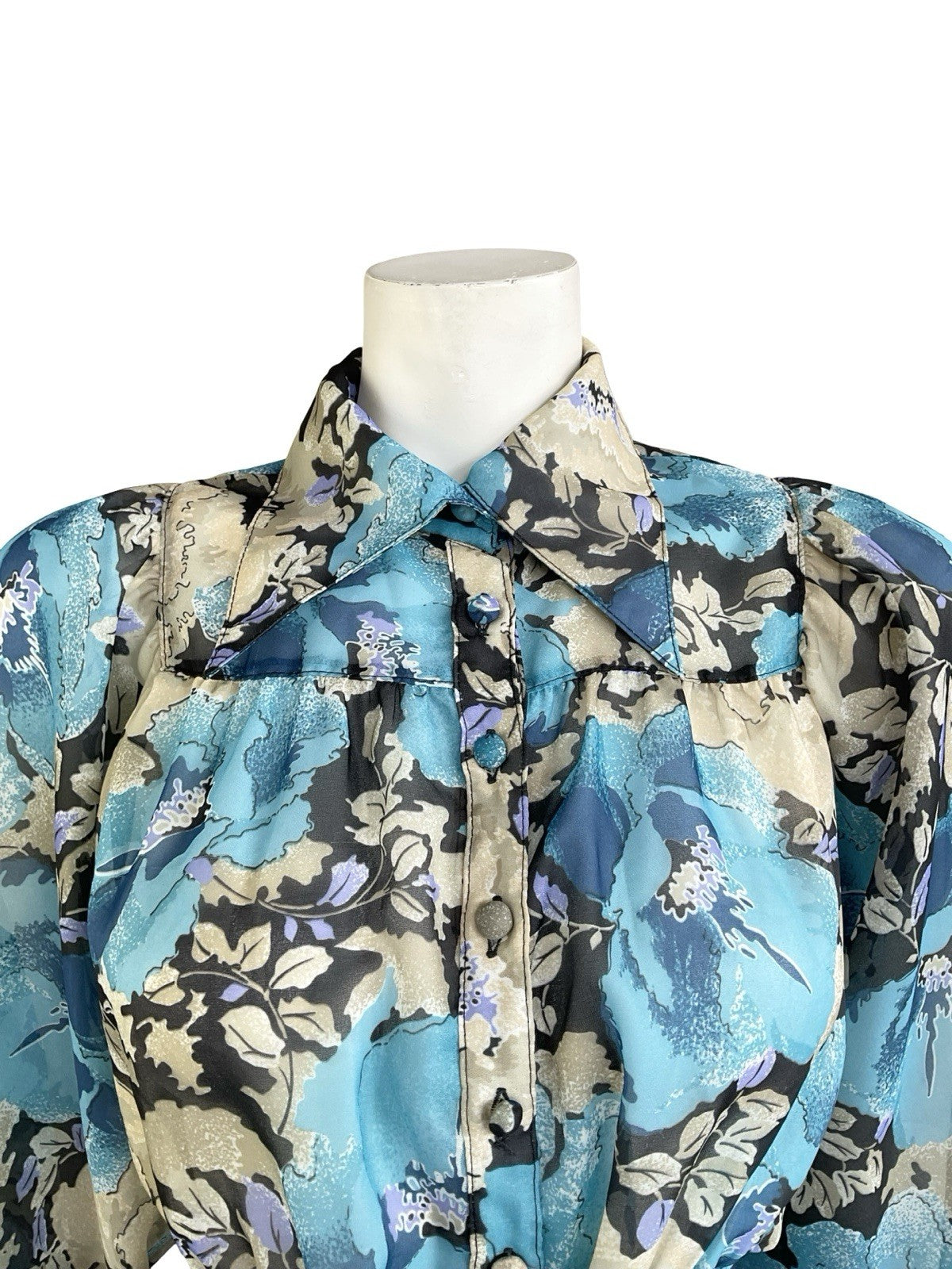 VTG 70S BLUE BEIGE FLORAL DAGGER COLLAR PUFF BATWING TIE WAIST CROP SHIRT 10