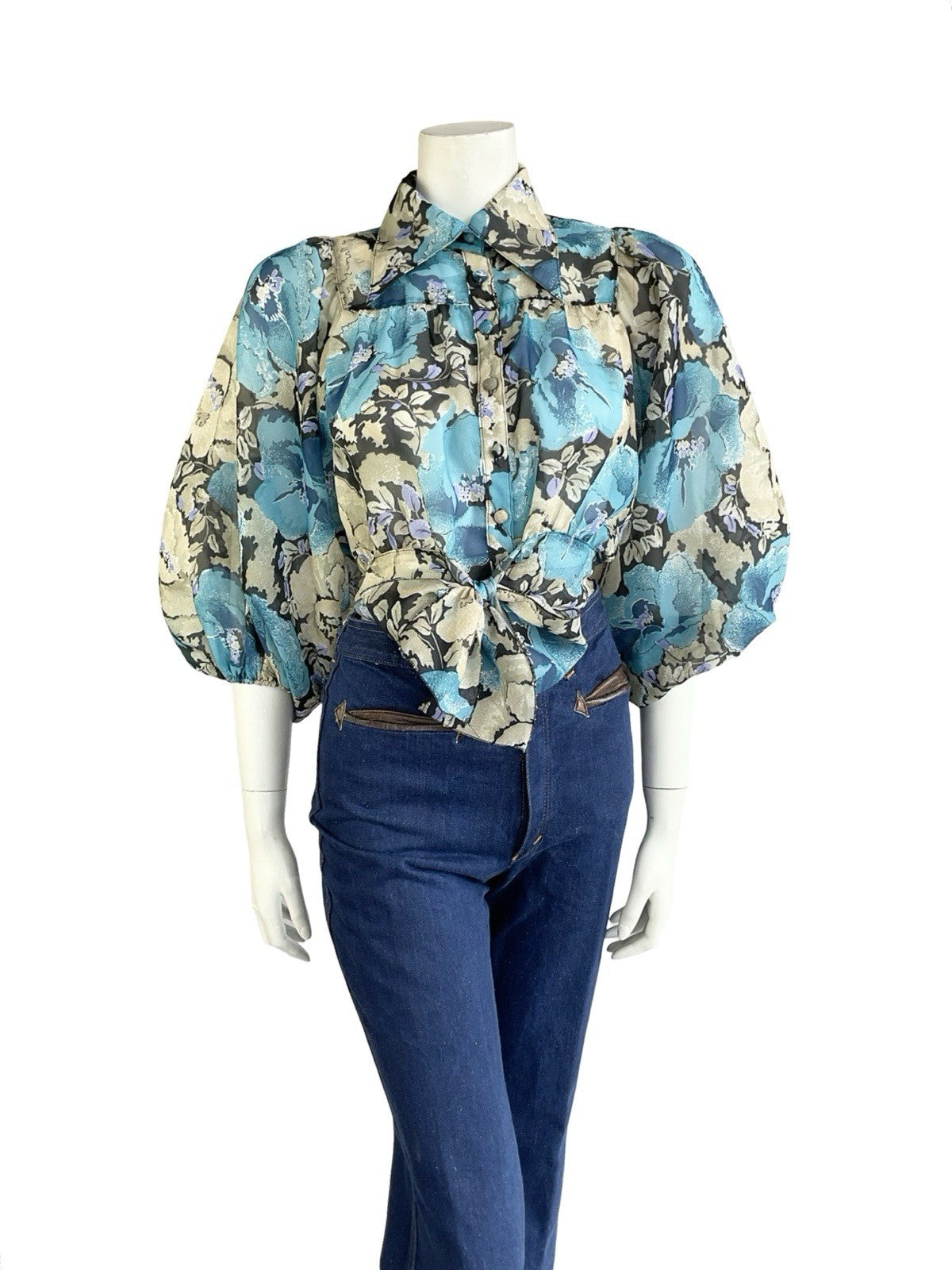 VTG 70S BLUE BEIGE FLORAL DAGGER COLLAR PUFF BATWING TIE WAIST CROP SHIRT 10