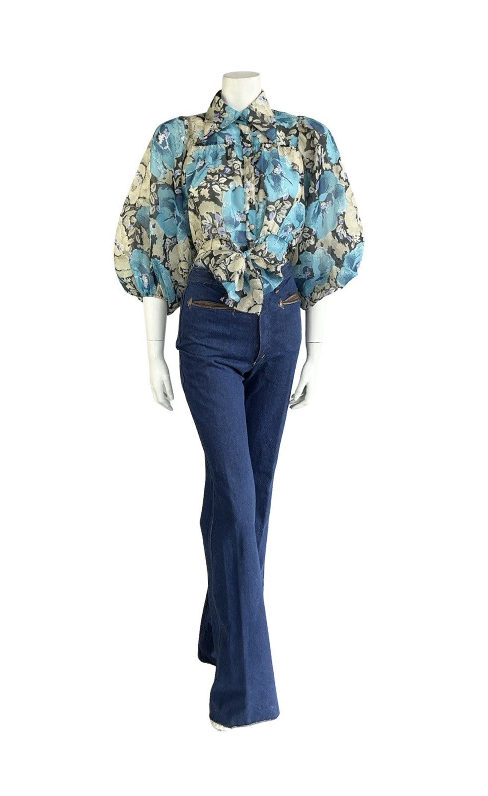 VTG 70S BLUE BEIGE FLORAL DAGGER COLLAR PUFF BATWING TIE WAIST CROP SHIRT 10
