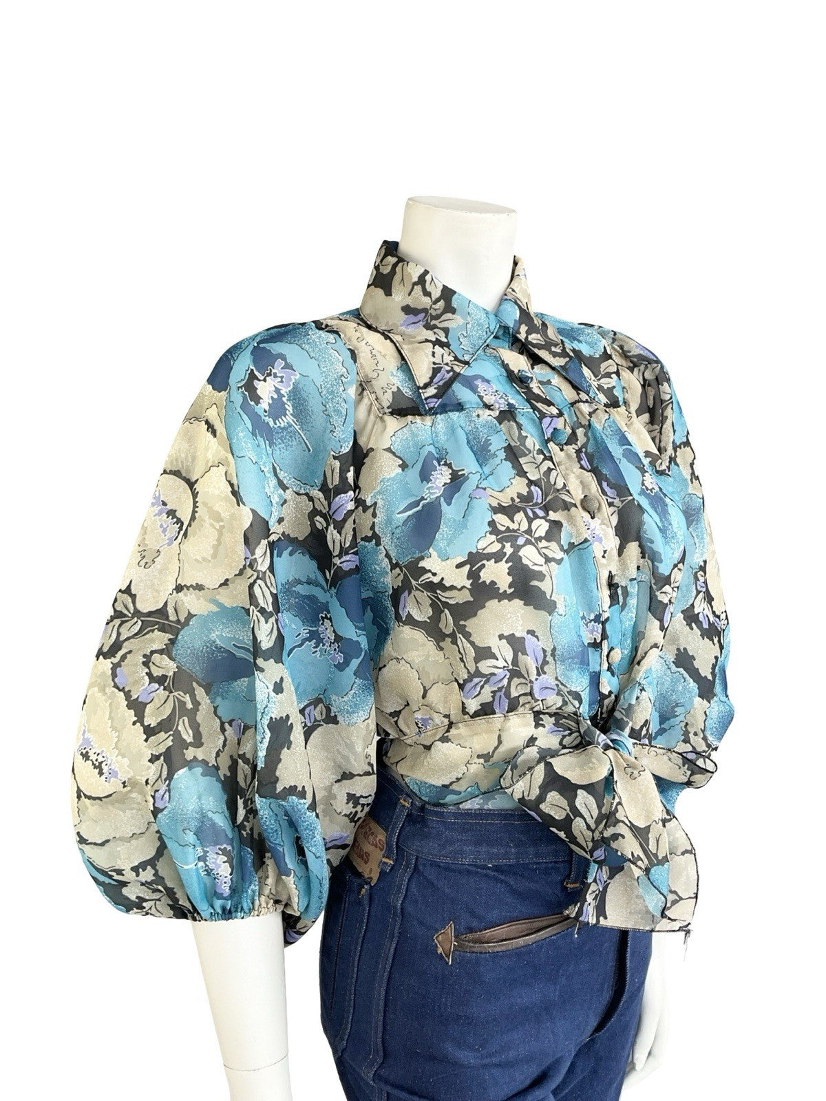 VTG 70S BLUE BEIGE FLORAL DAGGER COLLAR PUFF BATWING TIE WAIST CROP SHIRT 10