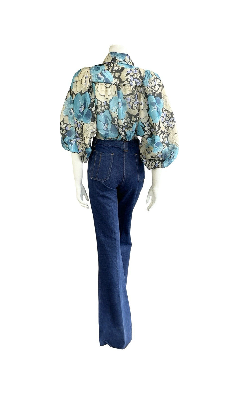 VTG 70S BLUE BEIGE FLORAL DAGGER COLLAR PUFF BATWING TIE WAIST CROP SHIRT 10