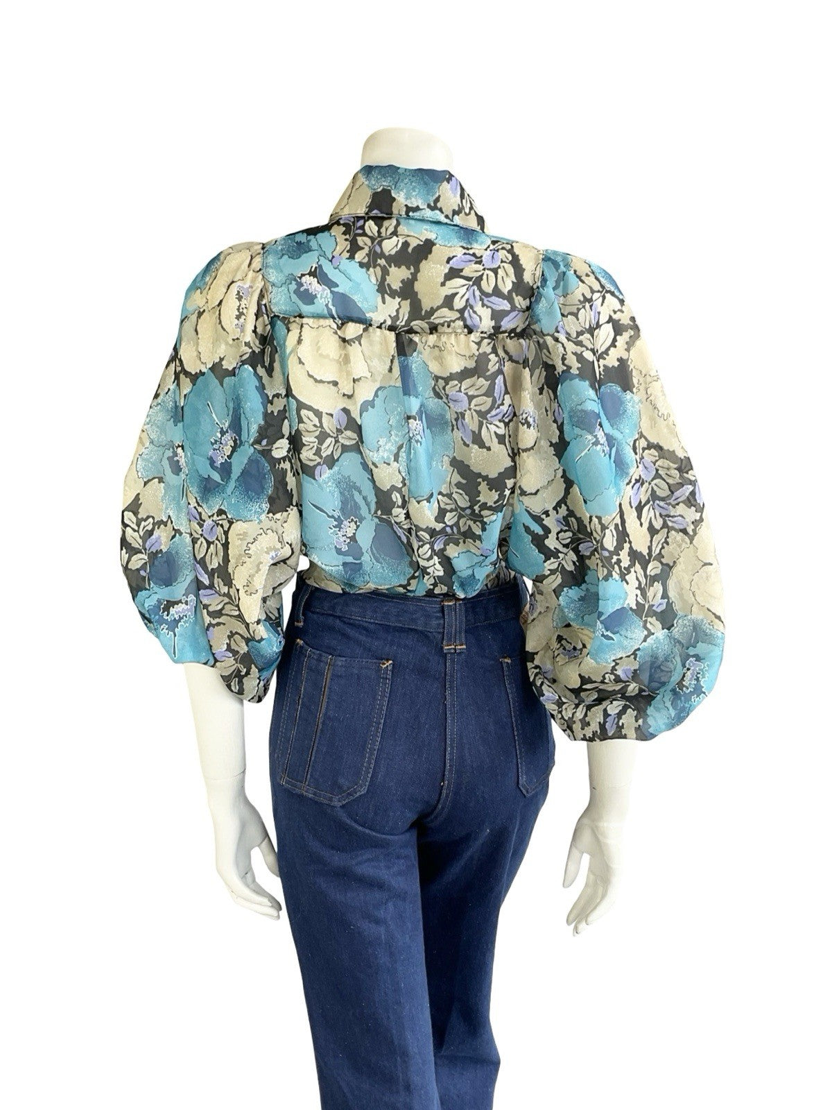 VTG 70S BLUE BEIGE FLORAL DAGGER COLLAR PUFF BATWING TIE WAIST CROP SHIRT 10