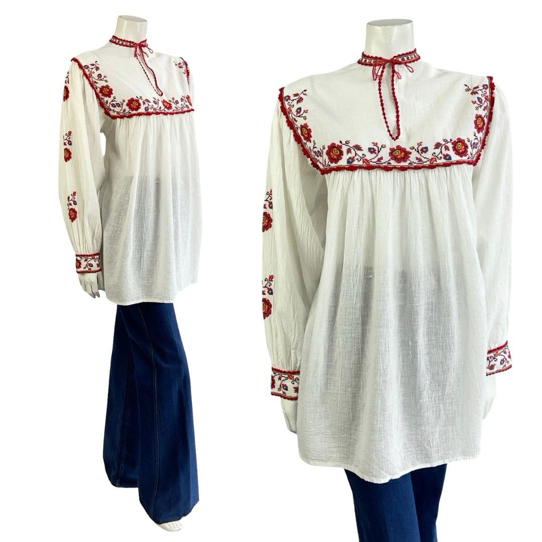 VTG 70S WHITE COTTON RED EMBROIDERED FLORAL CROSS STITCH FOLK SMOCK TOP 12 10