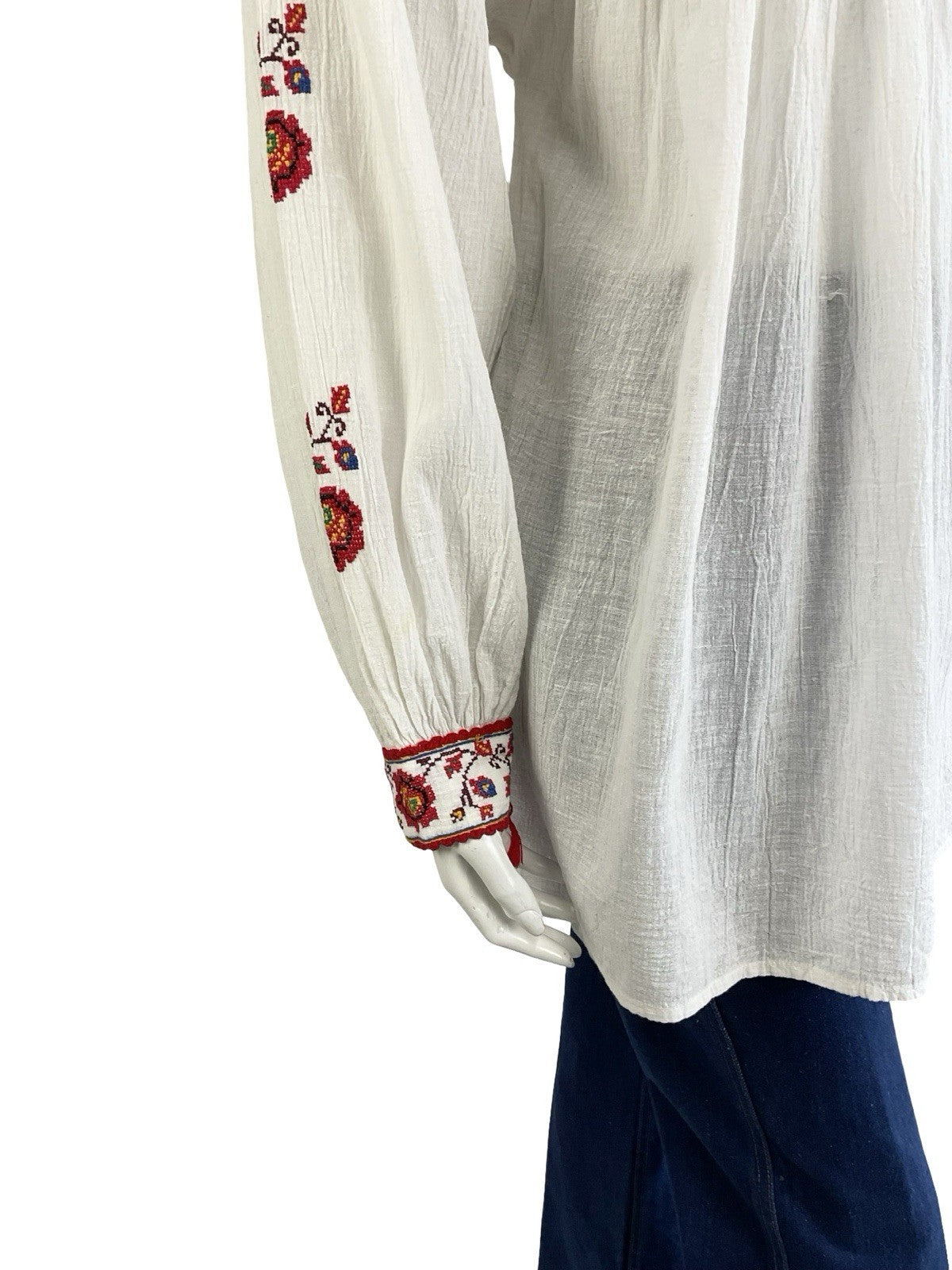 VTG 70S WHITE COTTON RED EMBROIDERED FLORAL CROSS STITCH FOLK SMOCK TOP 12 10