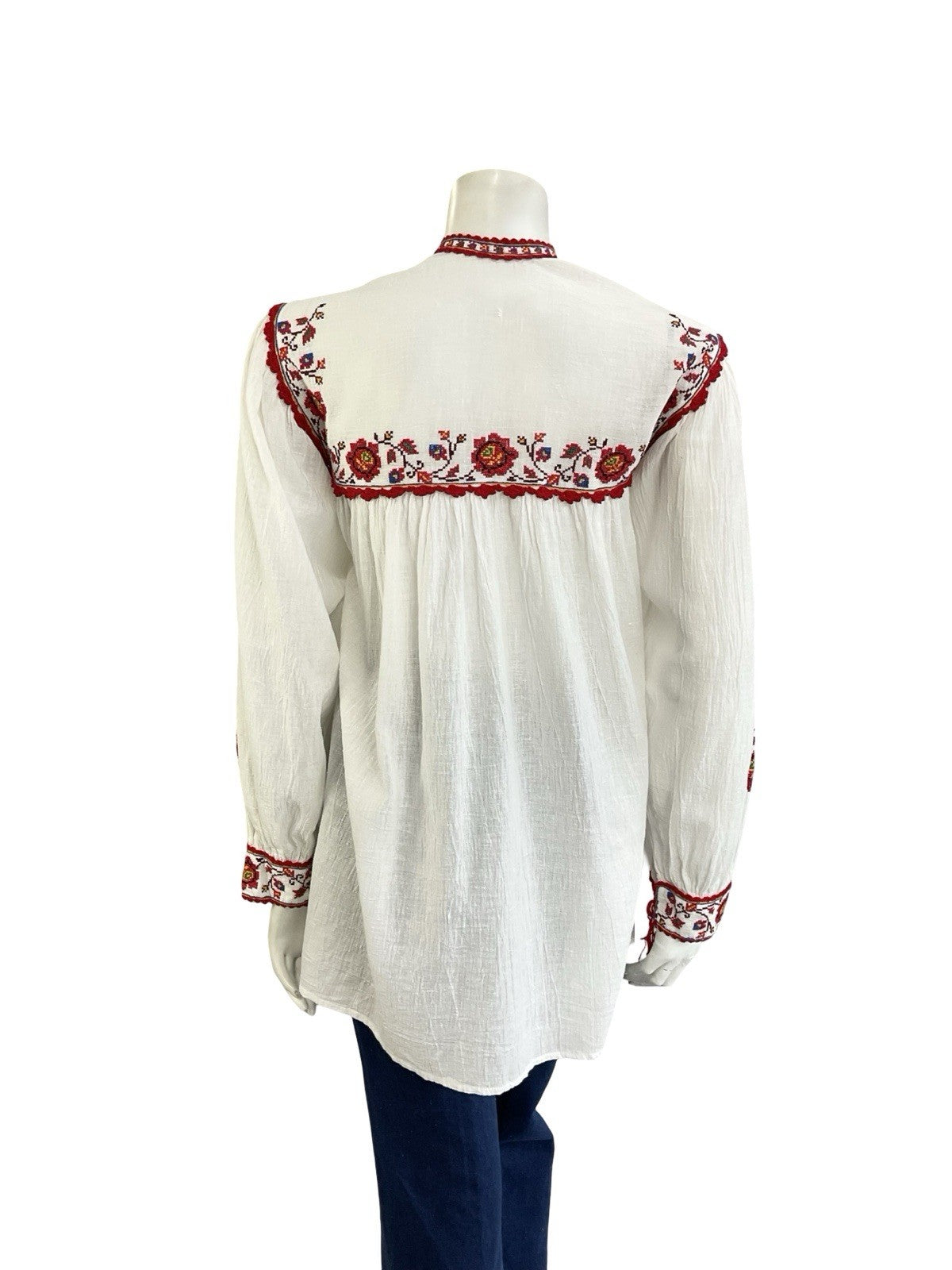 VTG 70S WHITE COTTON RED EMBROIDERED FLORAL CROSS STITCH FOLK SMOCK TOP 12 10