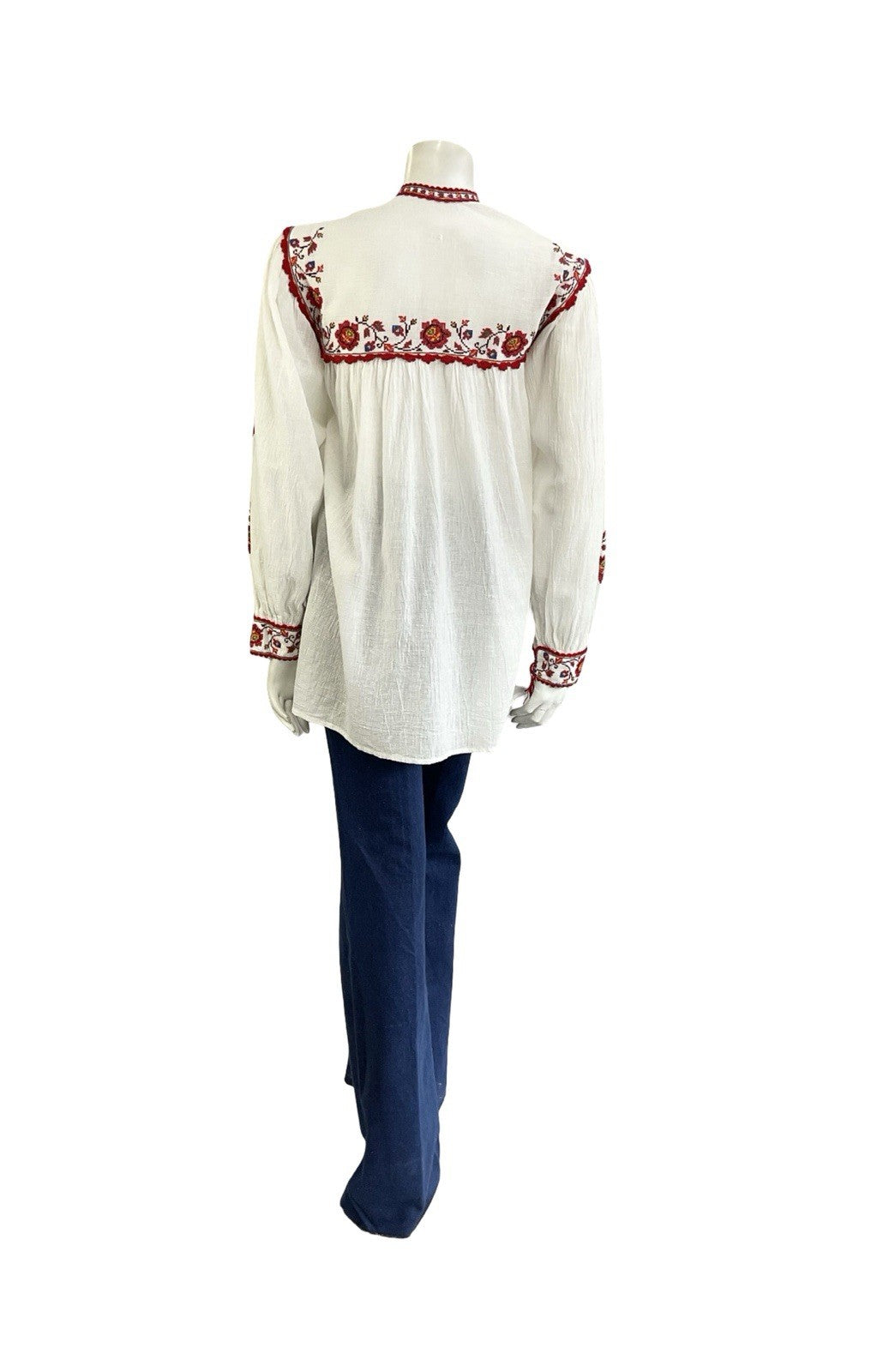 VTG 70S WHITE COTTON RED EMBROIDERED FLORAL CROSS STITCH FOLK SMOCK TOP 12 10