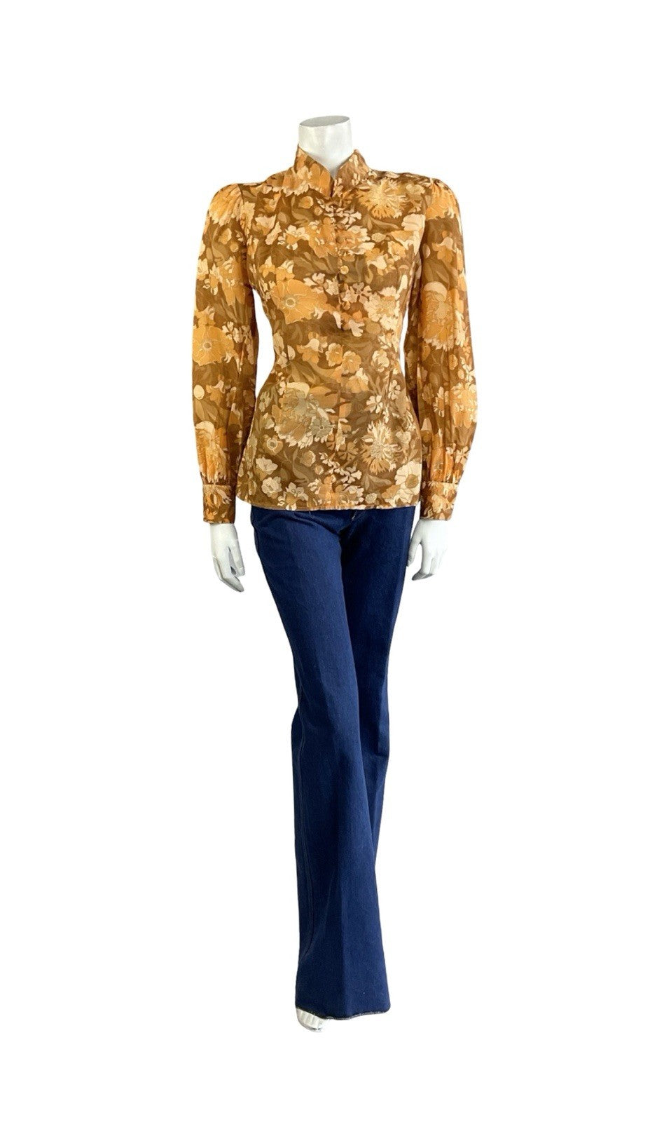 VTG 60S 70S ORANGE BEIGE BROWN HIPPY PSYCHEDELIC FLORAL MANDARIN COLLAR SHIRT 12