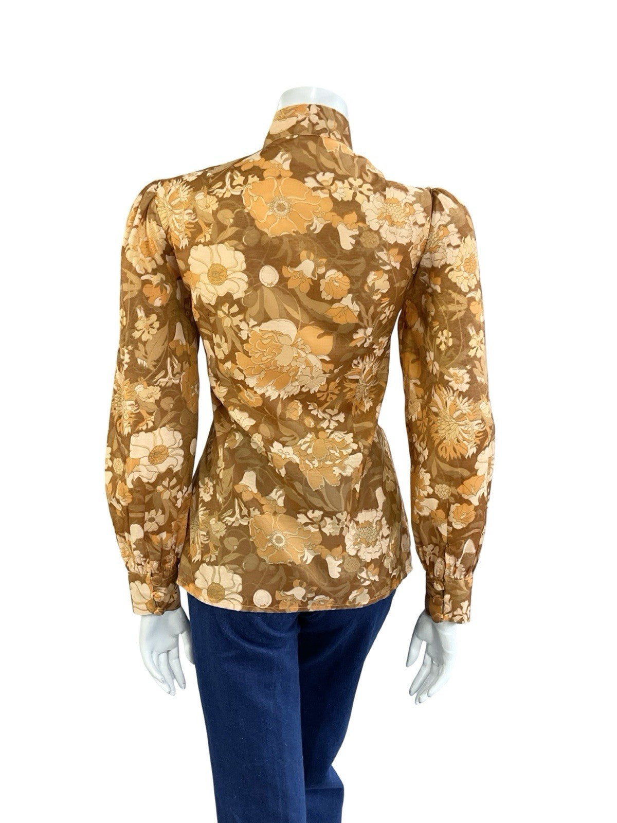 VTG 60S 70S ORANGE BEIGE BROWN HIPPY PSYCHEDELIC FLORAL MANDARIN COLLAR SHIRT 12
