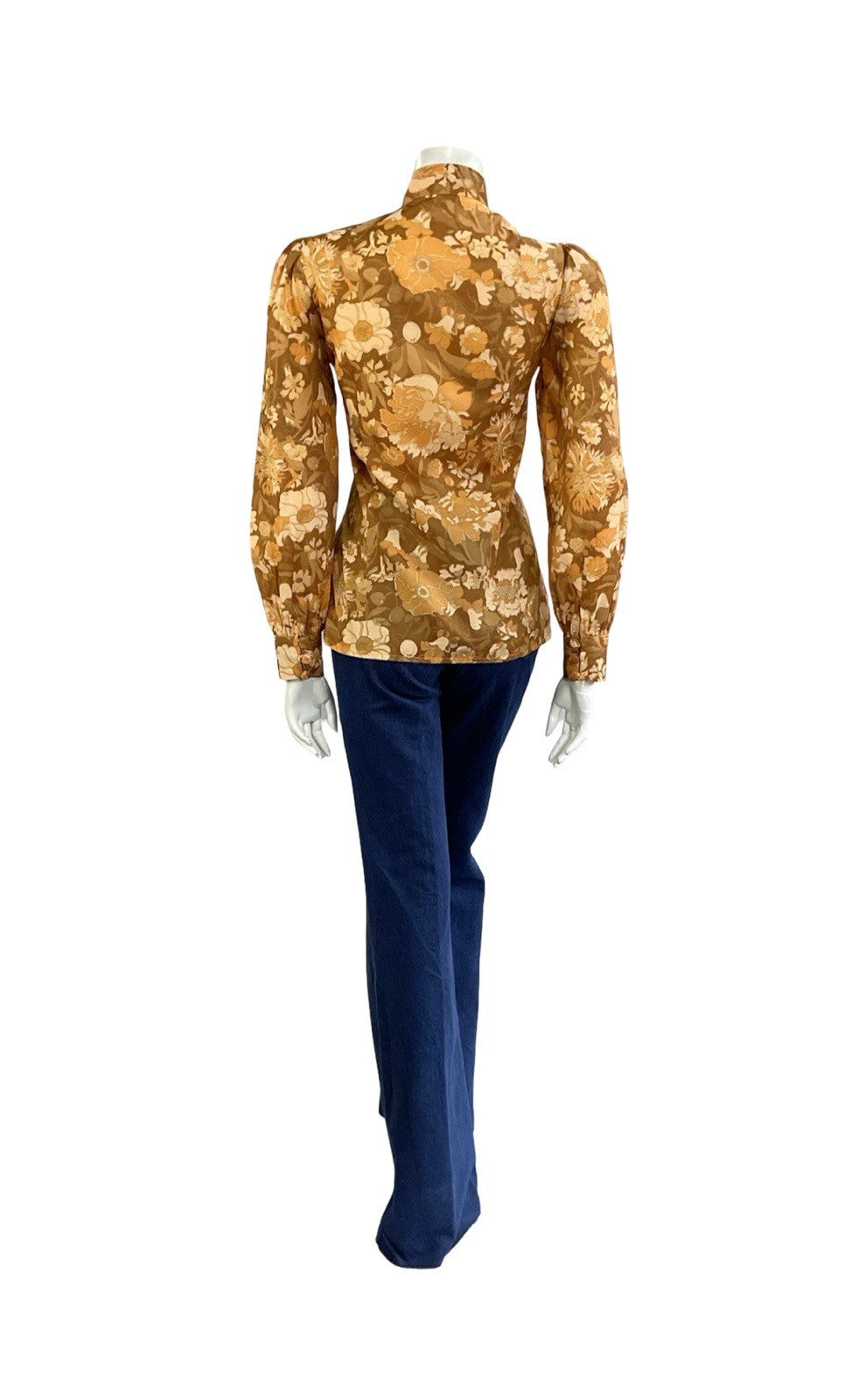 VTG 60S 70S ORANGE BEIGE BROWN HIPPY PSYCHEDELIC FLORAL MANDARIN COLLAR SHIRT 12
