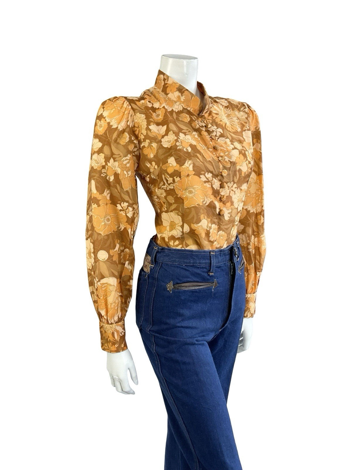 VTG 60S 70S ORANGE BEIGE BROWN HIPPY PSYCHEDELIC FLORAL MANDARIN COLLAR SHIRT 12