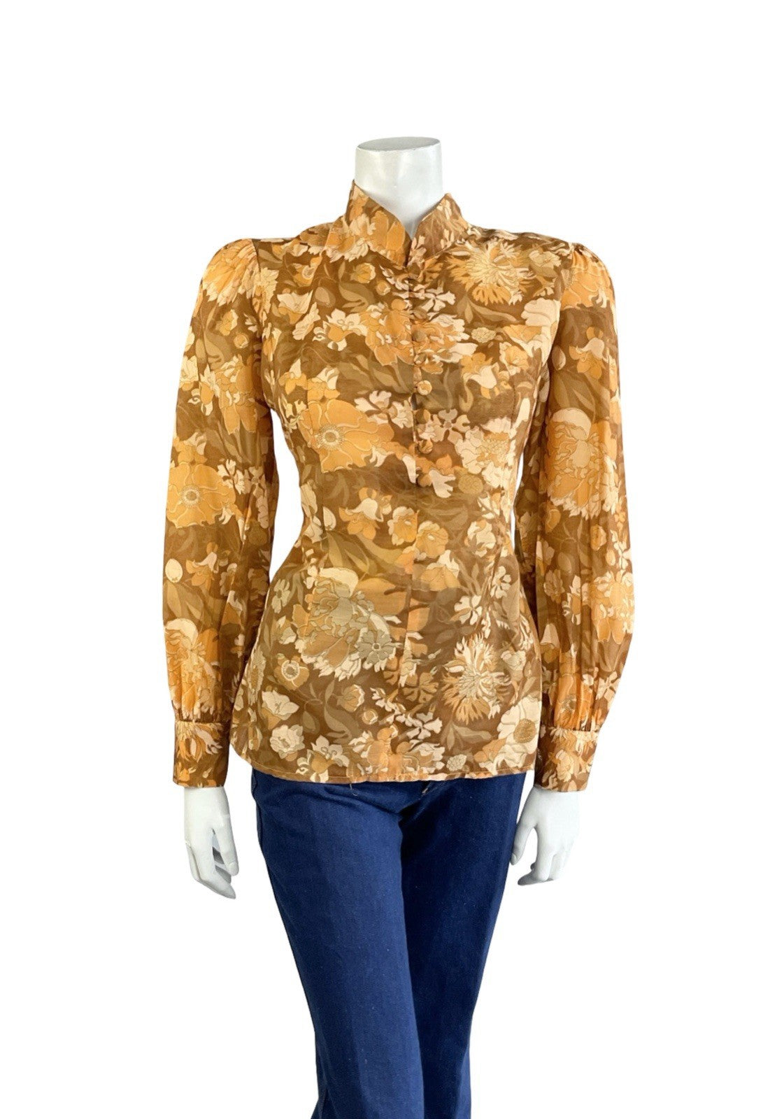 VTG 60S 70S ORANGE BEIGE BROWN HIPPY PSYCHEDELIC FLORAL MANDARIN COLLAR SHIRT 12