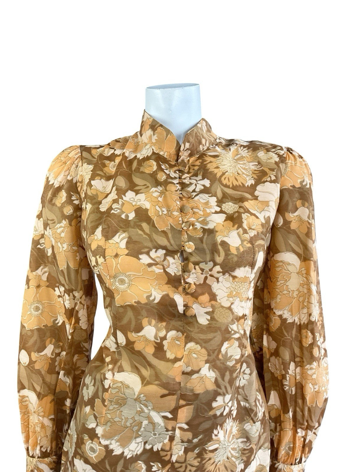 VTG 60S 70S ORANGE BEIGE BROWN HIPPY PSYCHEDELIC FLORAL MANDARIN COLLAR SHIRT 12
