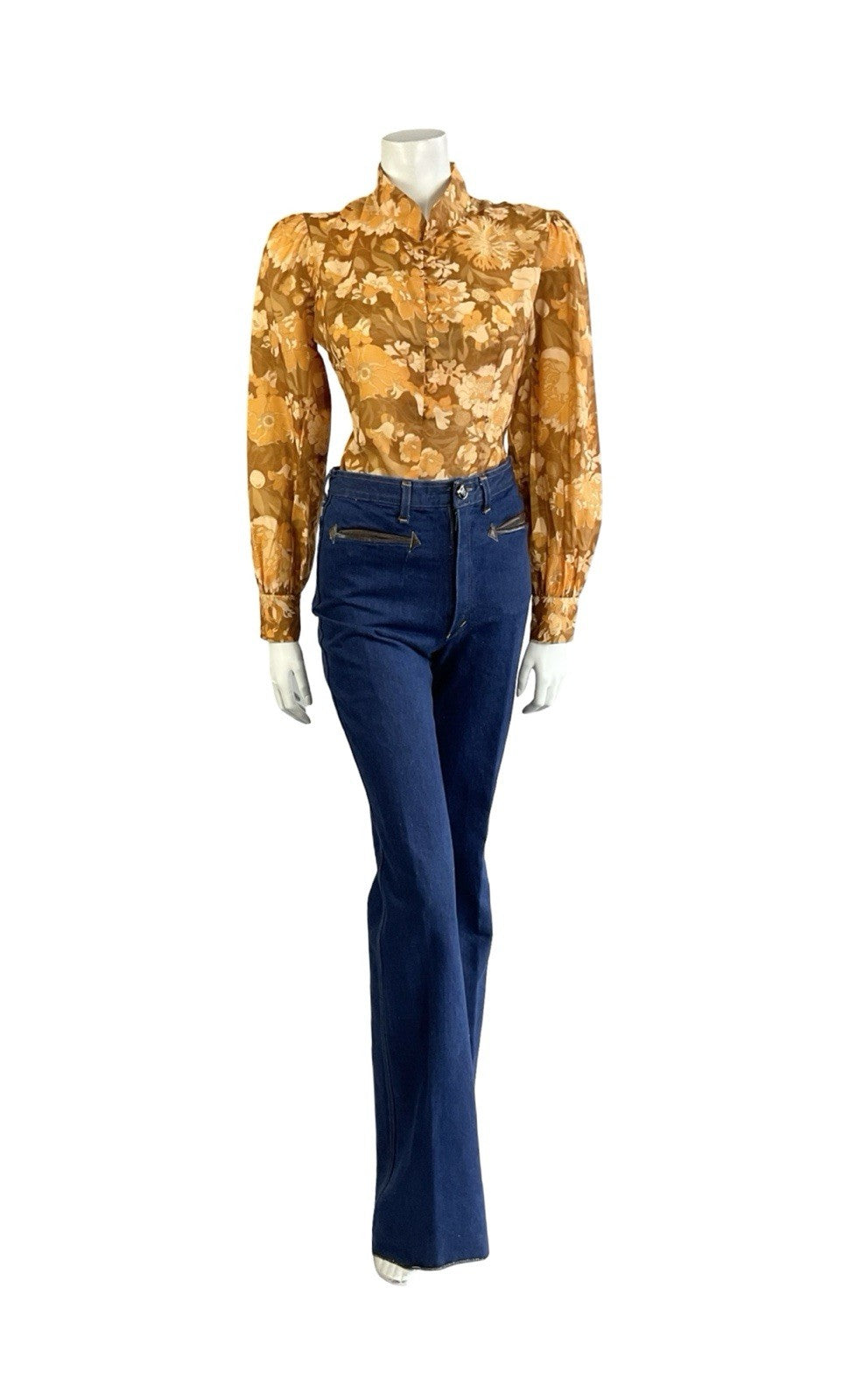VTG 60S 70S ORANGE BEIGE BROWN HIPPY PSYCHEDELIC FLORAL MANDARIN COLLAR SHIRT 12