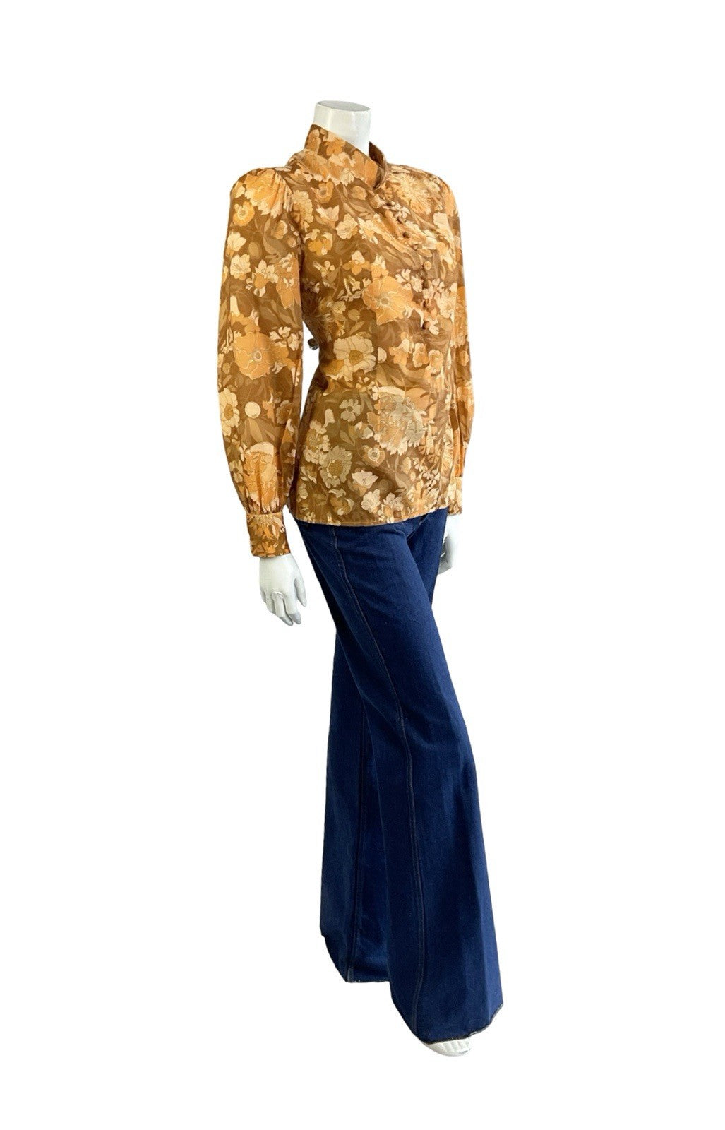 VTG 60S 70S ORANGE BEIGE BROWN HIPPY PSYCHEDELIC FLORAL MANDARIN COLLAR SHIRT 12