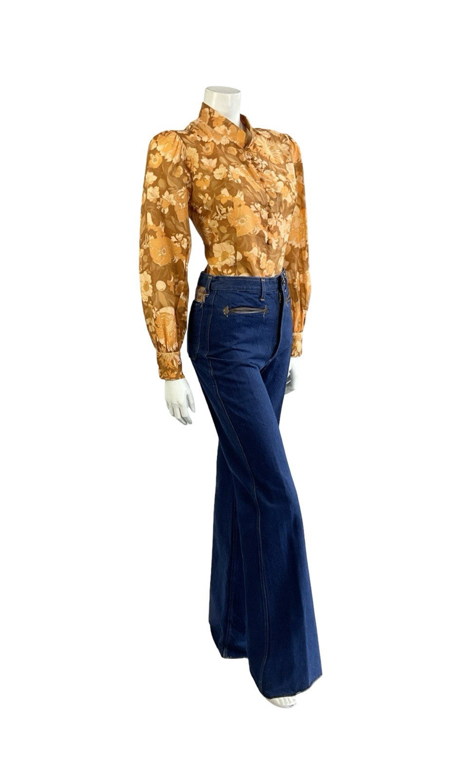 VTG 60S 70S ORANGE BEIGE BROWN HIPPY PSYCHEDELIC FLORAL MANDARIN COLLAR SHIRT 12