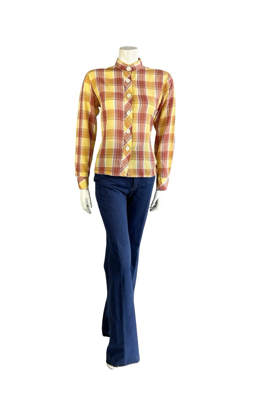 VTG 60S 70S YELLOW RED CREAM TARTAN PLAID MANDARIN COLLAR PRAIRIE SHIRT 14