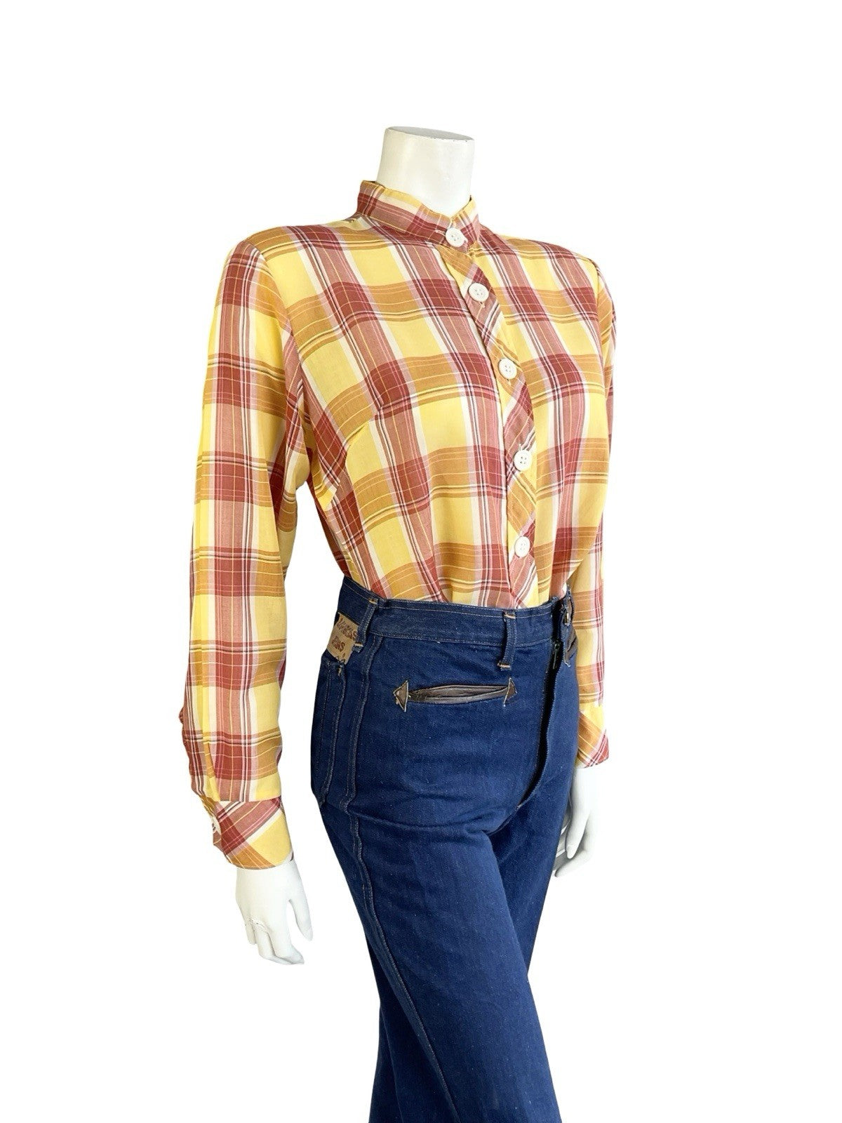 VTG 60S 70S YELLOW RED CREAM TARTAN PLAID MANDARIN COLLAR PRAIRIE SHIRT 14