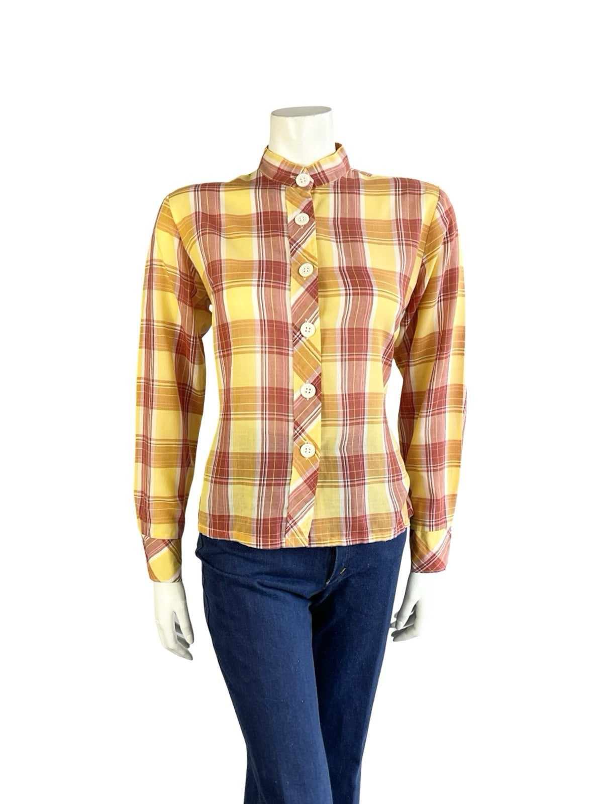 VTG 60S 70S YELLOW RED CREAM TARTAN PLAID MANDARIN COLLAR PRAIRIE SHIRT 14