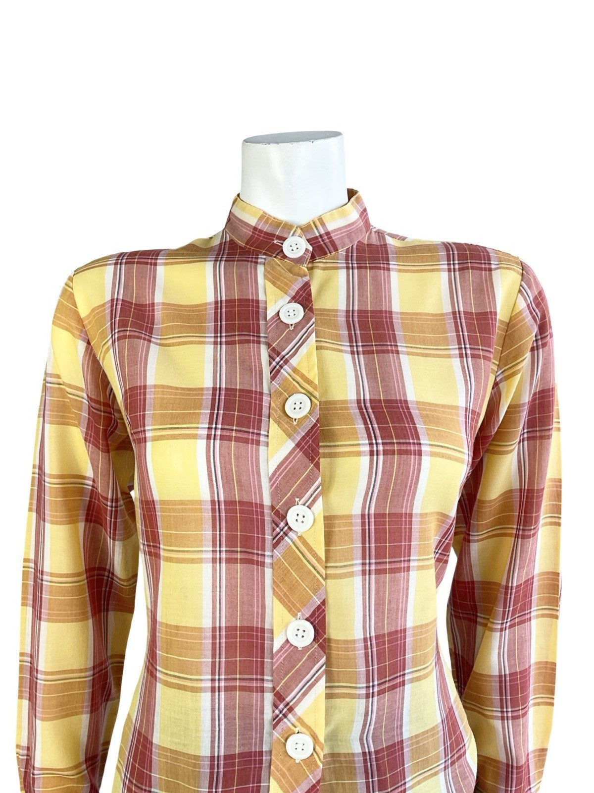 VTG 60S 70S YELLOW RED CREAM TARTAN PLAID MANDARIN COLLAR PRAIRIE SHIRT 14