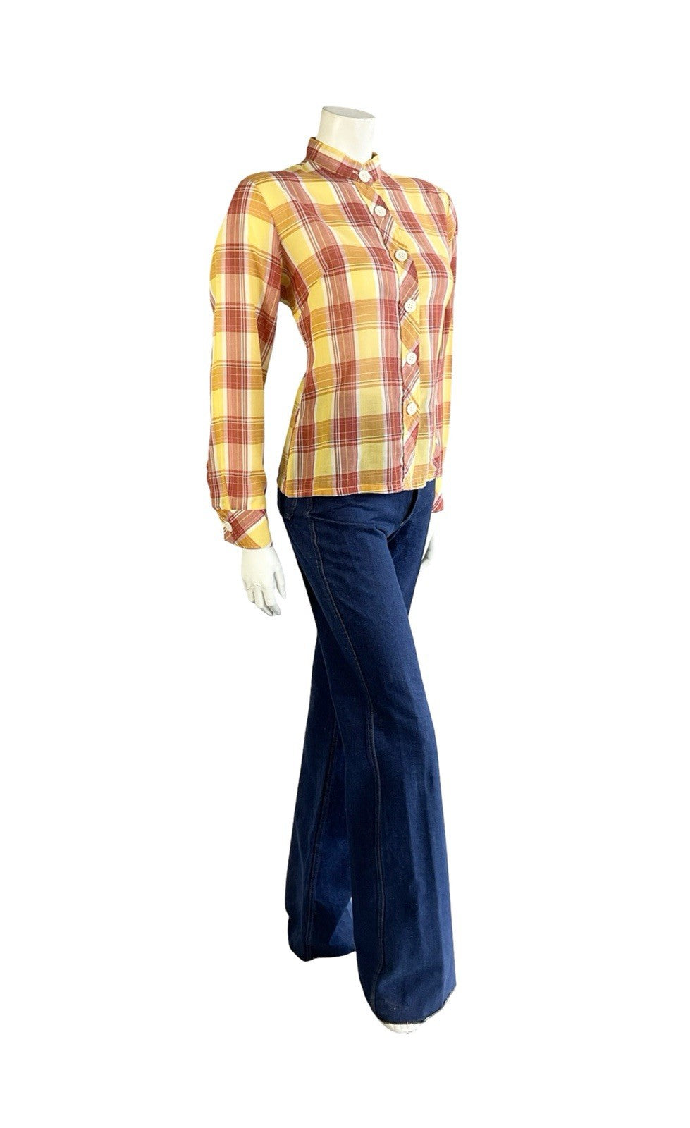 VTG 60S 70S YELLOW RED CREAM TARTAN PLAID MANDARIN COLLAR PRAIRIE SHIRT 14