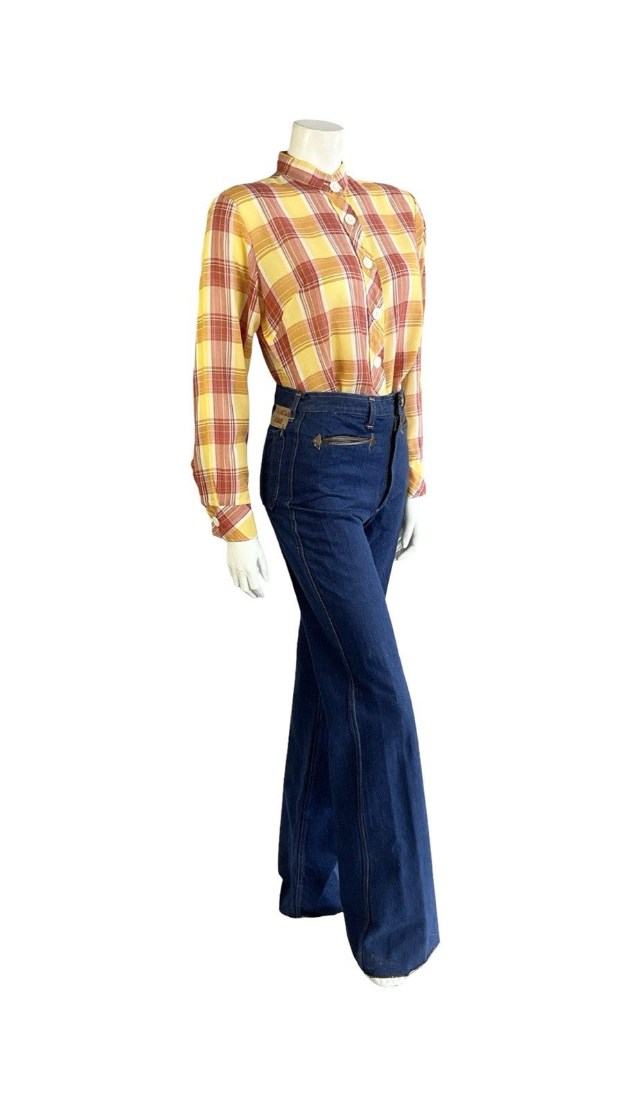VTG 60S 70S YELLOW RED CREAM TARTAN PLAID MANDARIN COLLAR PRAIRIE SHIRT 14