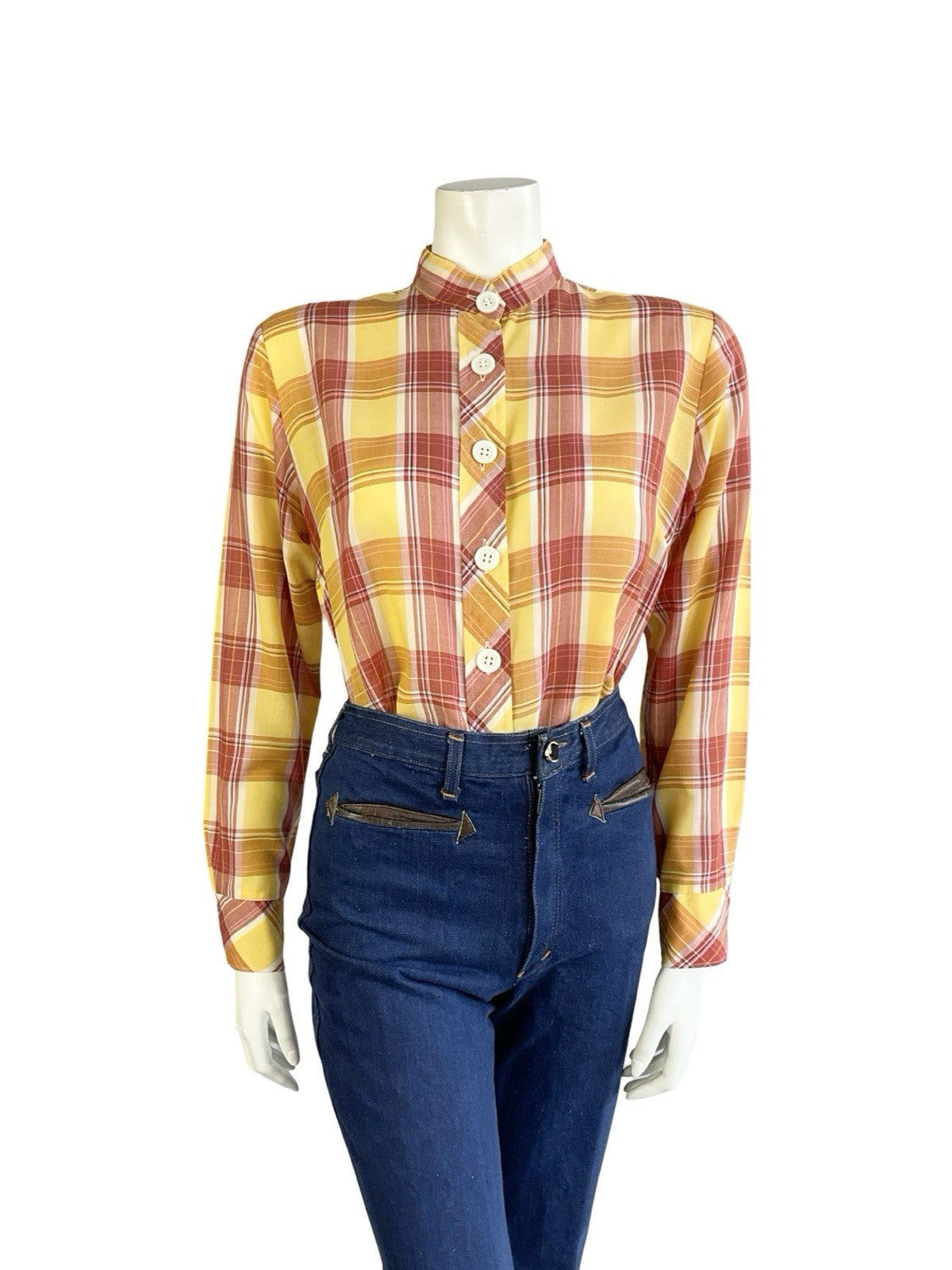 VTG 60S 70S YELLOW RED CREAM TARTAN PLAID MANDARIN COLLAR PRAIRIE SHIRT 14