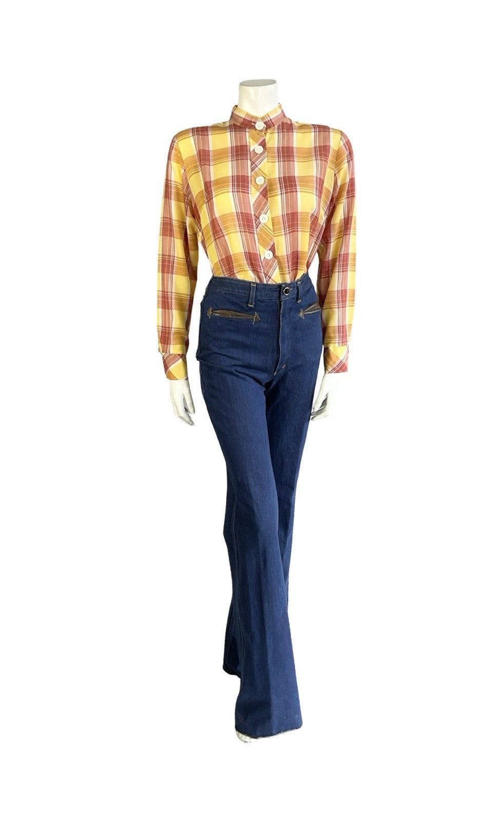 VTG 60S 70S YELLOW RED CREAM TARTAN PLAID MANDARIN COLLAR PRAIRIE SHIRT 14