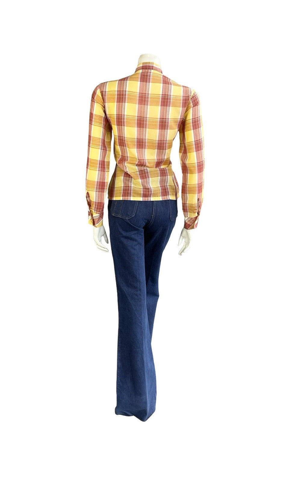 VTG 60S 70S YELLOW RED CREAM TARTAN PLAID MANDARIN COLLAR PRAIRIE SHIRT 14